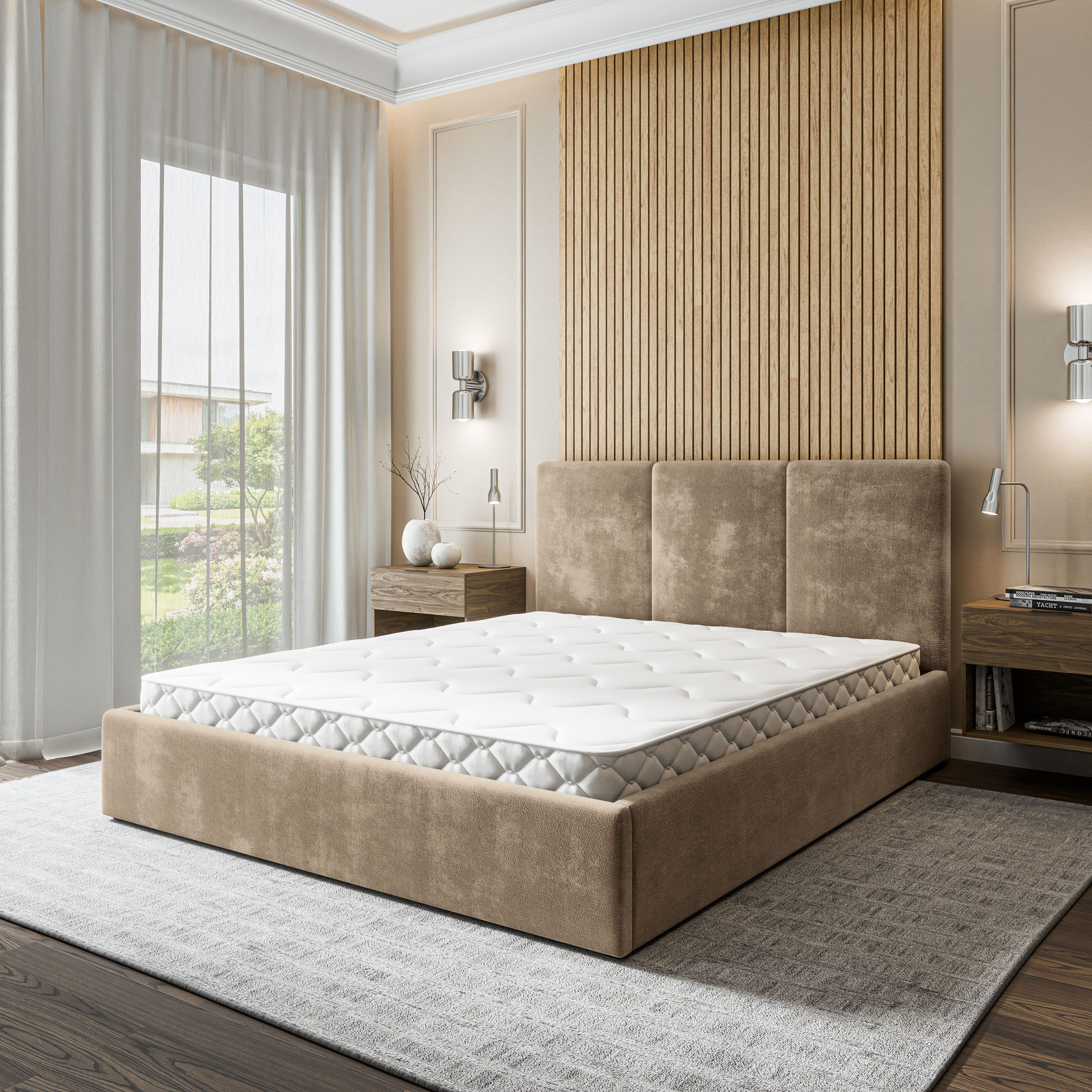Masseno Polsterbett AZURI 140x200 cm beige (mit Bettkasten und Lattenrost)
