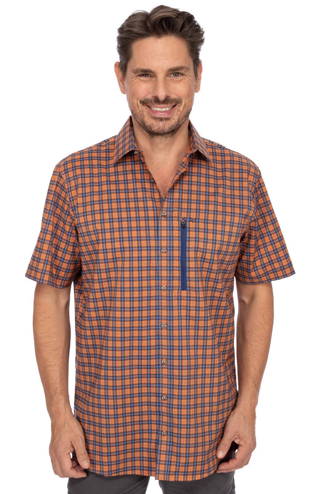 OS-Trachten Trachtenhemd 1/2 Arm blau (Regular ALEC orange Fit) Hemd
