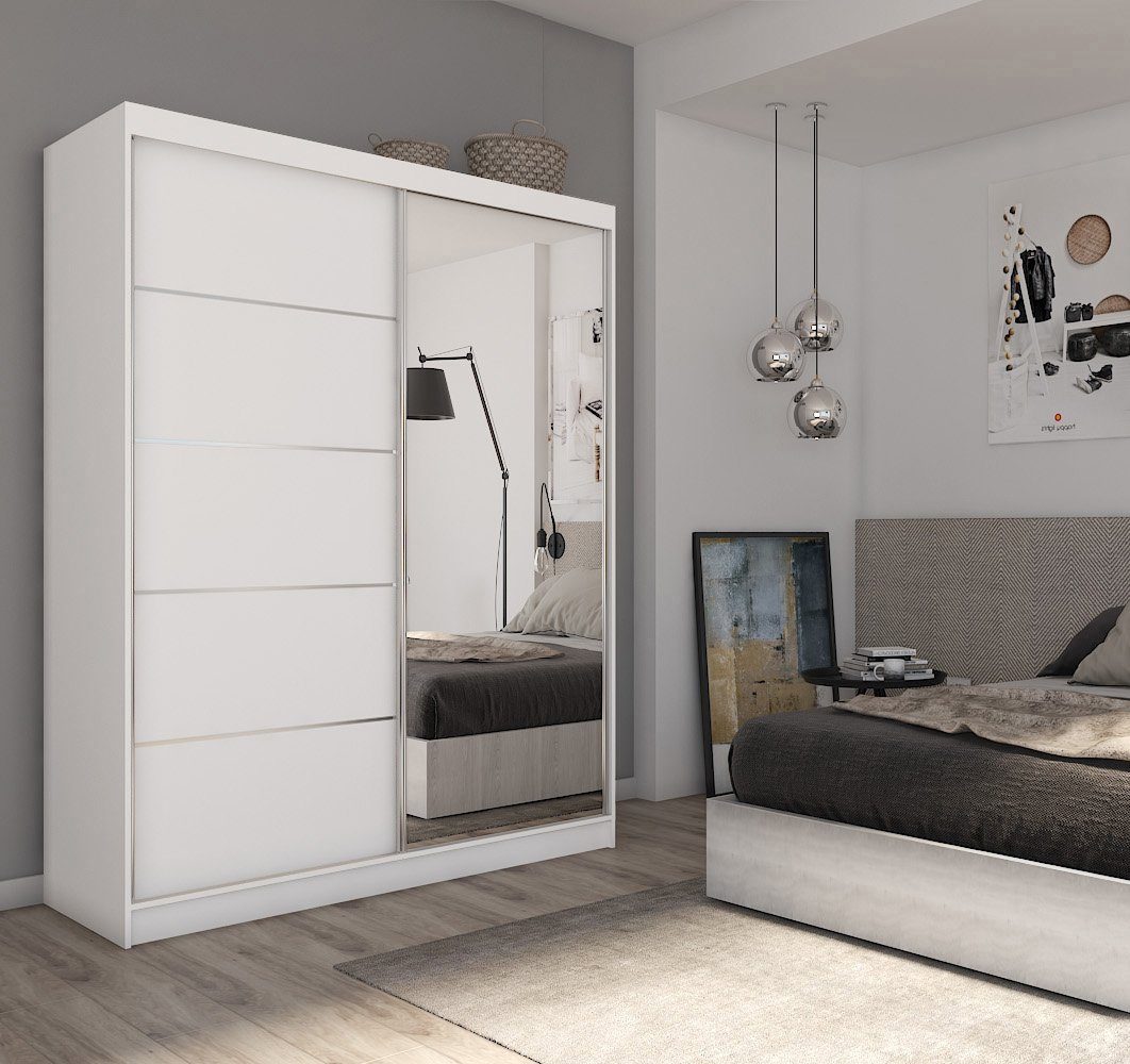 Beautysofa Schwebetürenschrank Marika (Garderobenschrank mit Spiegel für Schlafzimmer, Kleiderstange, Einlegeböden) 120 / 150 / 160 / 180 / 200 / 240 cm