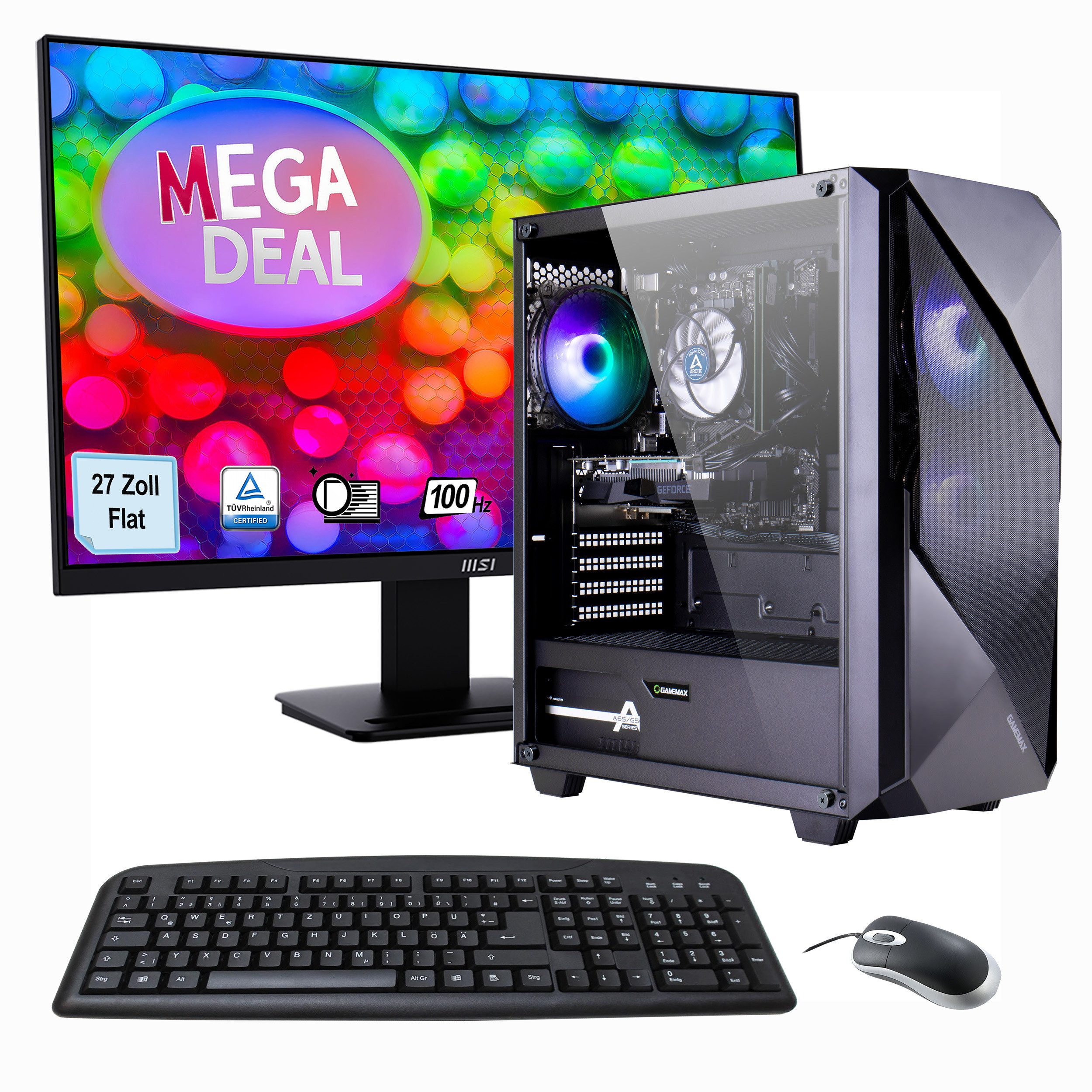 GAMEMAX MegaDeal Gaming-PC-Set Striker Gaming-PC-Komplettsystem (27", AMD Ryzen 7 5700X, GeForce RTX™ 4060, 32 GB RAM, Windows 11 + MSI PRO MP273ADE Monitor, 69cm (27) + Maus & Tastatur)
