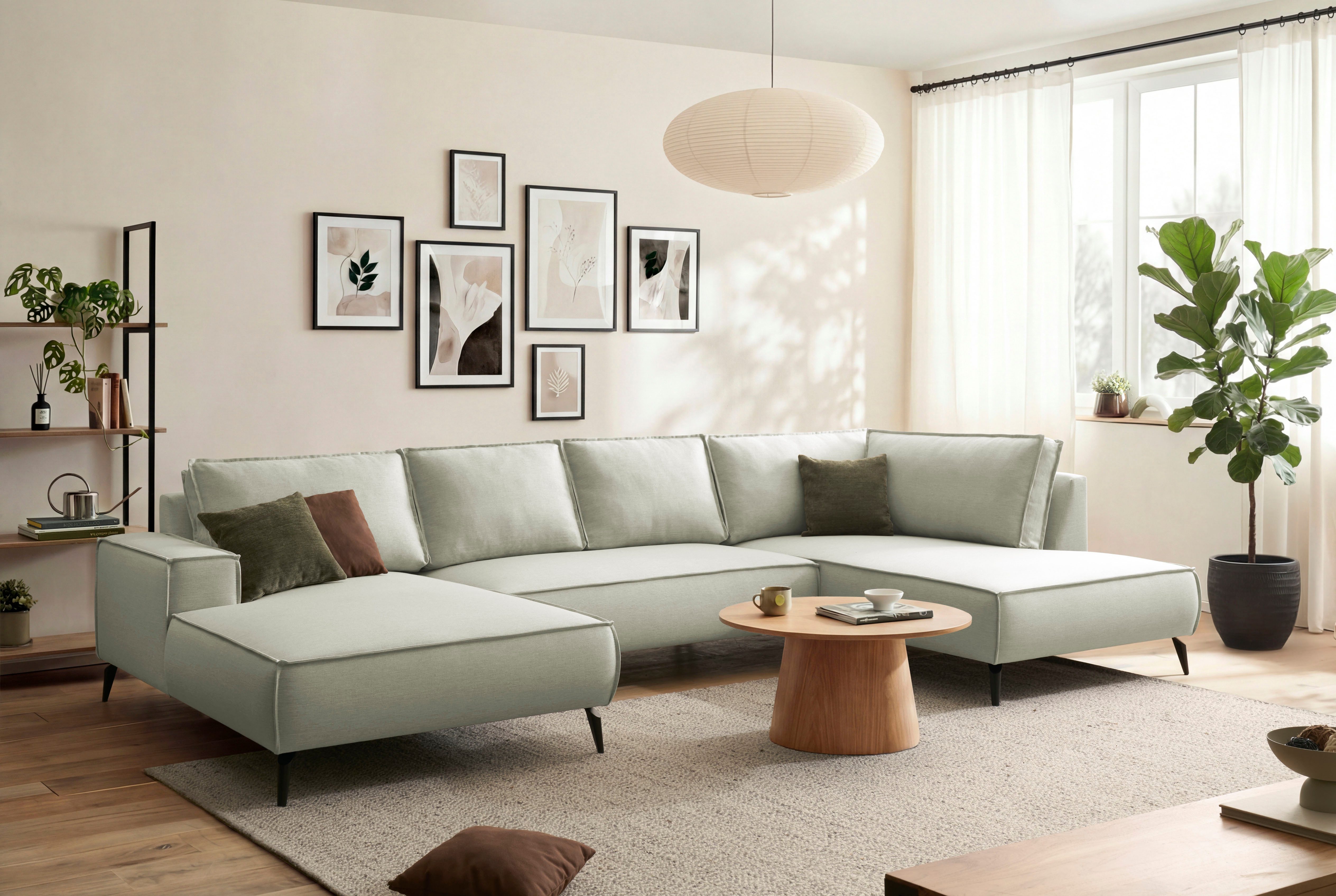 Home affaire Wohnlandschaft Tvinnu, moderne U-Form, Couch in Cord oder Webstoff in Leinenoptik, Recamiere rechts/links, schwarze Metallfüße, bequeme Sitz-/Liegefläche