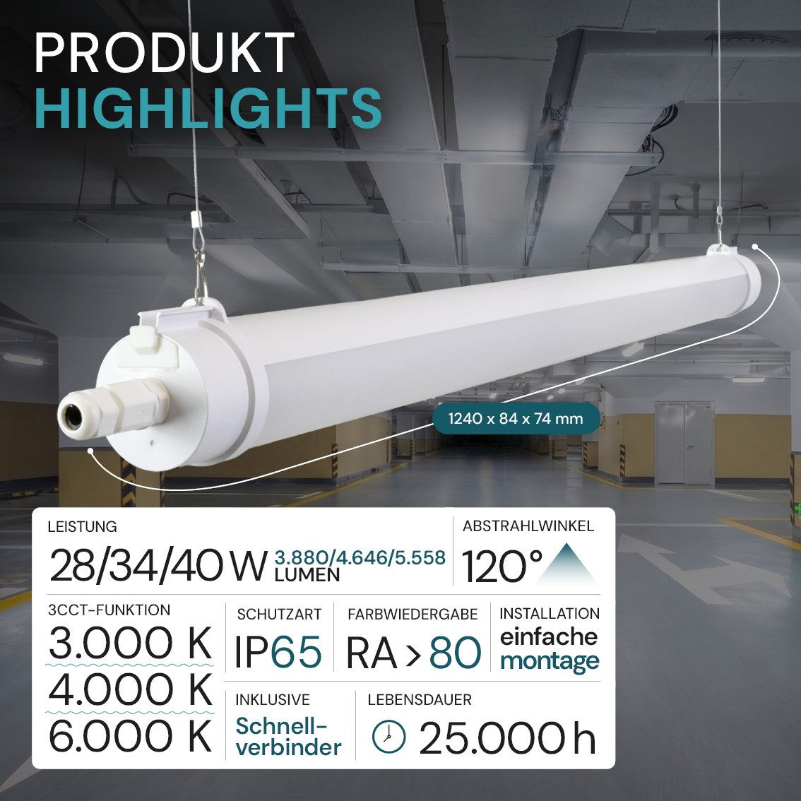 LUXULA LED Unterbauleuchte LUXULA LED Feuchtraumleuchte 124 cm 40 W CCT einstellbar Weiß, Farbwechsler