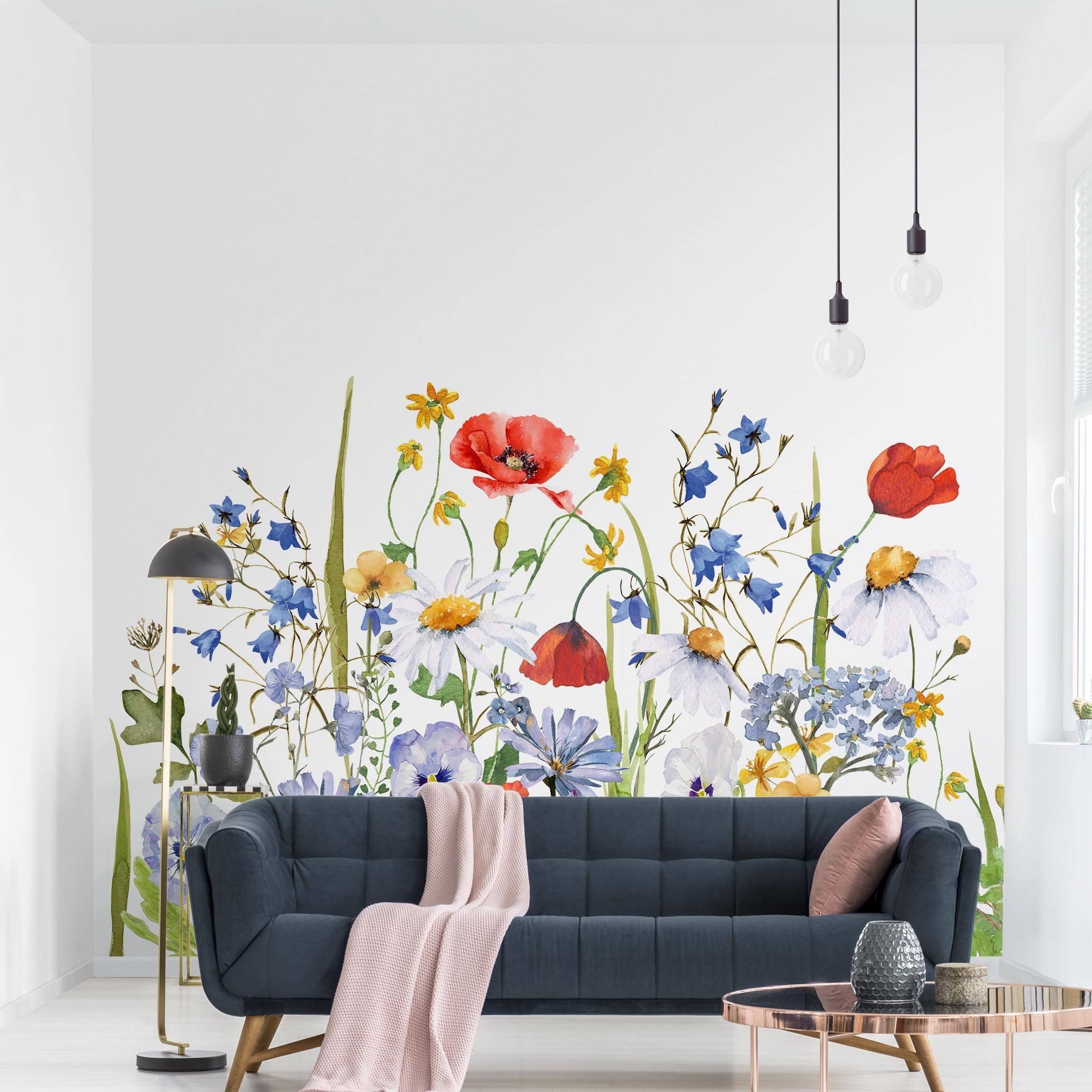 Bilderdepot24 Fototapete Mohnblumen Aquarell Blumenwiese Mohn Floral Blumen Natur Wanddeko, Glatt, Matt, (Vliestapete inkl. Kleister oder selbstklebend), Wohnzimmer Schlafzimmer Küche Flur Motivtapete Vliestapete Wandtapete