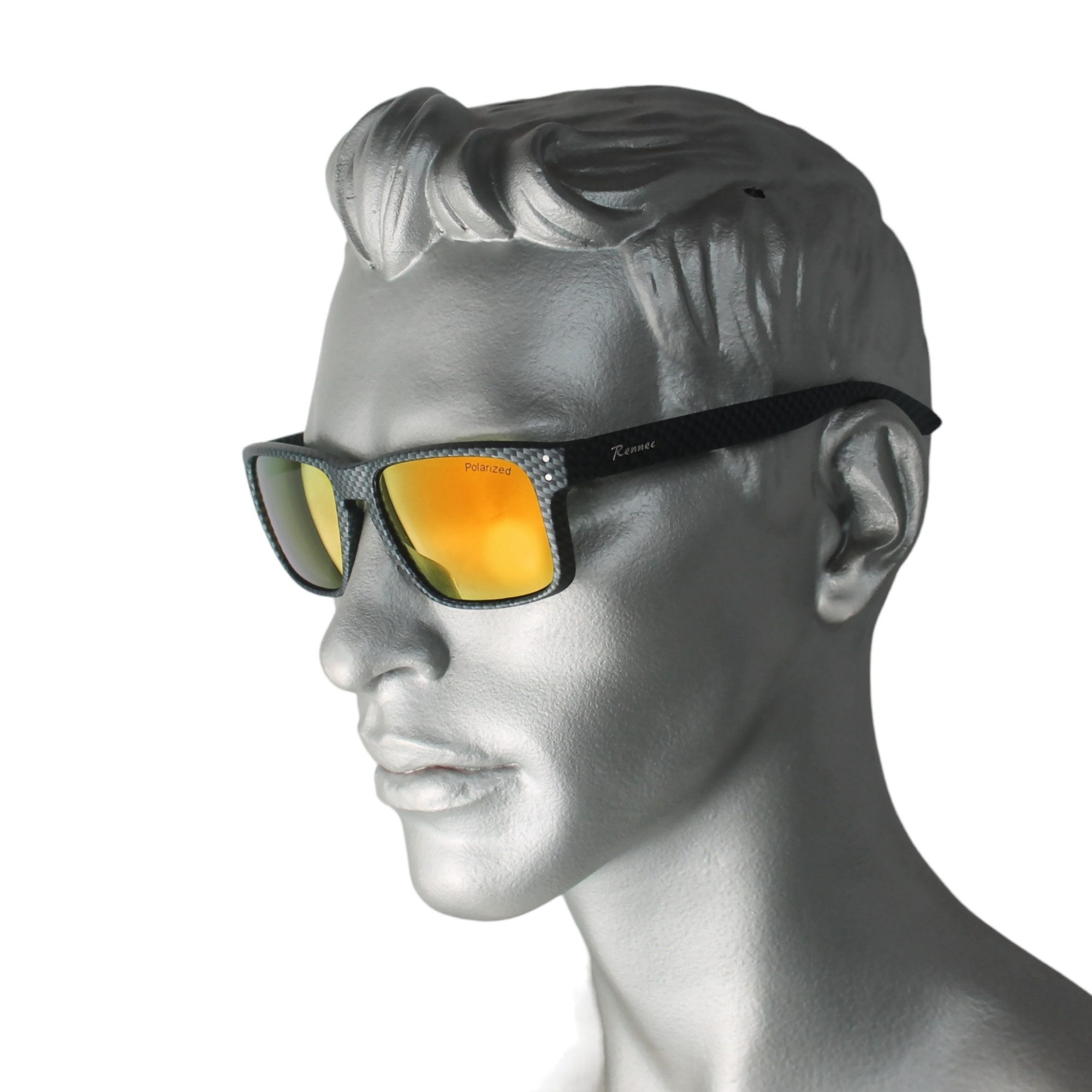 Rennec Sonnenbrille (Sonnenbrille Herren Rechteckig Carbon Design Polarisiert Orange Verspiegelt) Motorsport Brille mit Markenlogo und 3in2 Edelstahl Bügelgelenke