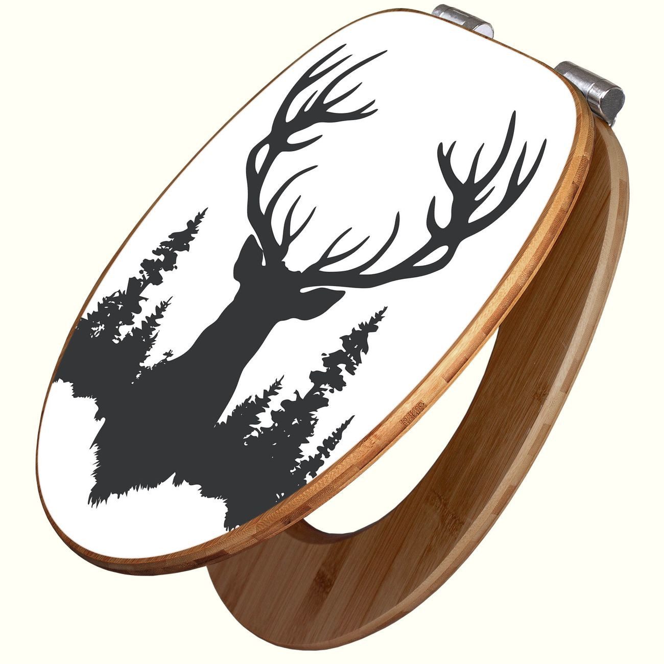 banjado WC-Sitz aus Bambus mit Absenkautomatik Motiv Hirsch im Wald Silhouette (umweltfreundliches Material, integrierte Absenkautomatik), 45,8 x 37,5 x 5 cm
