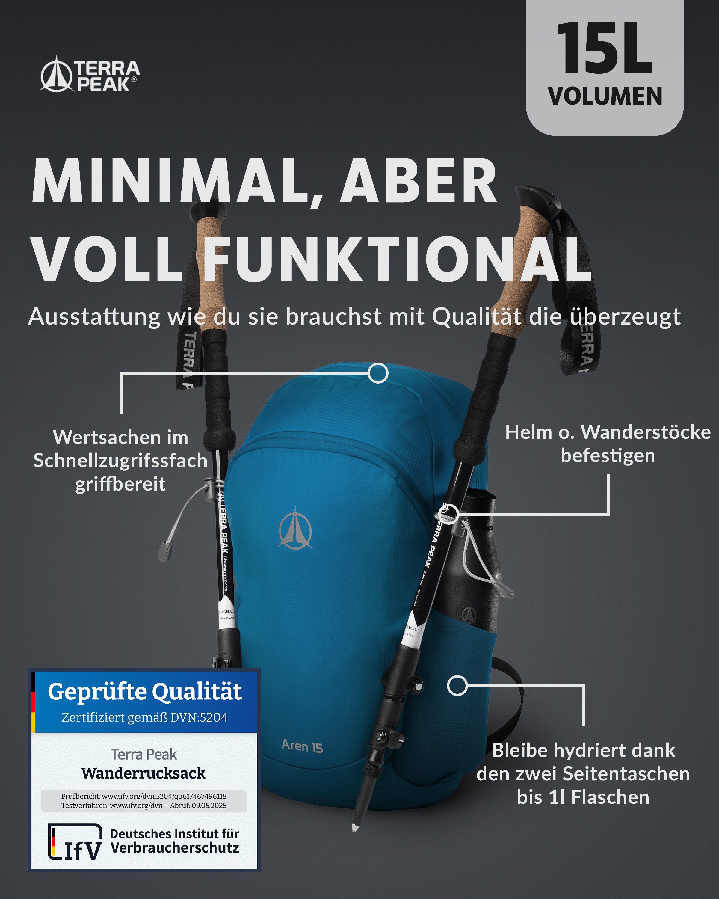 Terra Peak Wanderrucksack Aren 15, Rucksack zum Wandern, klein, 15 Liter Volumen, für Damen und Herren