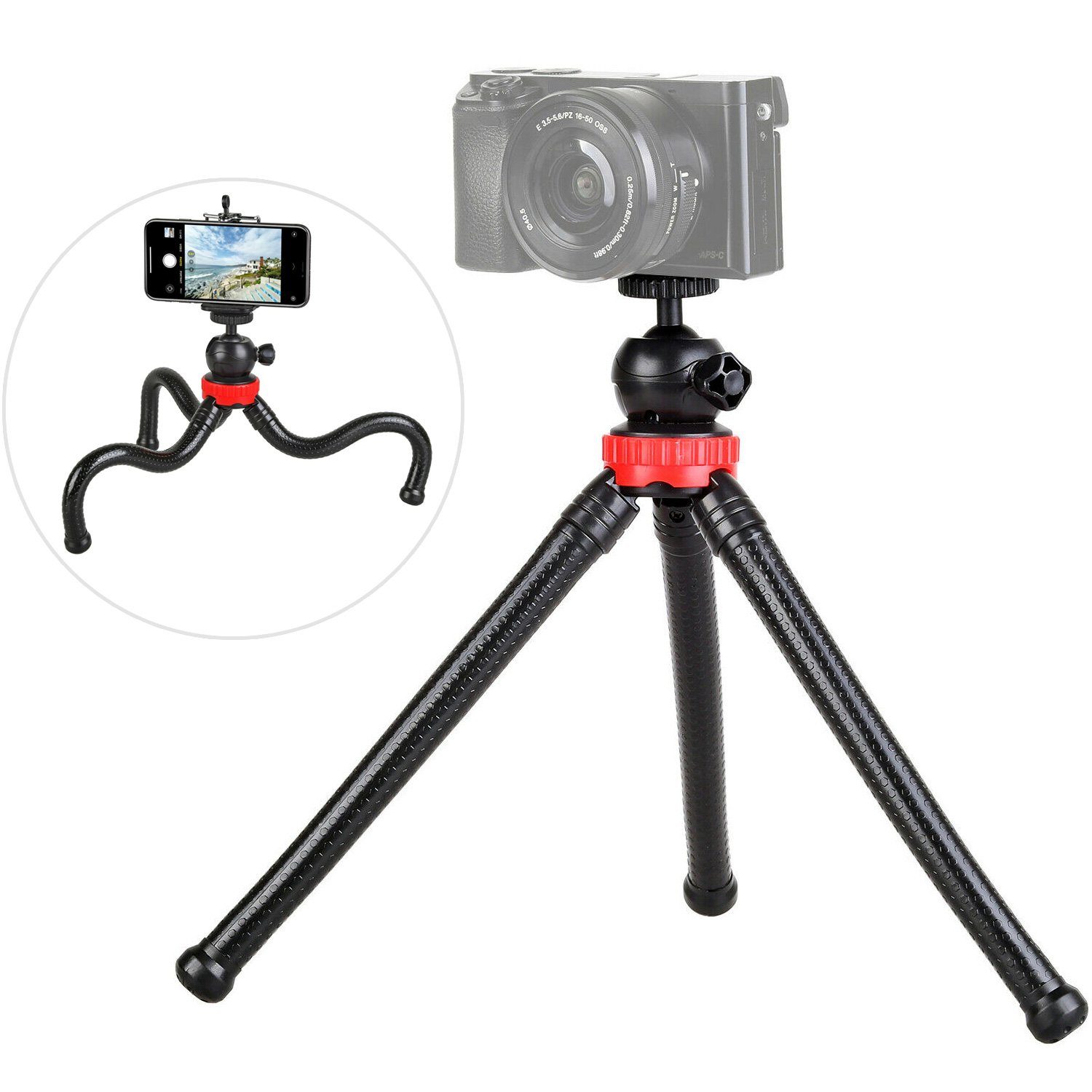ayex flexibles Stativ mit Kugelkopf und Smartphonehalterung für Kamera Ministativ