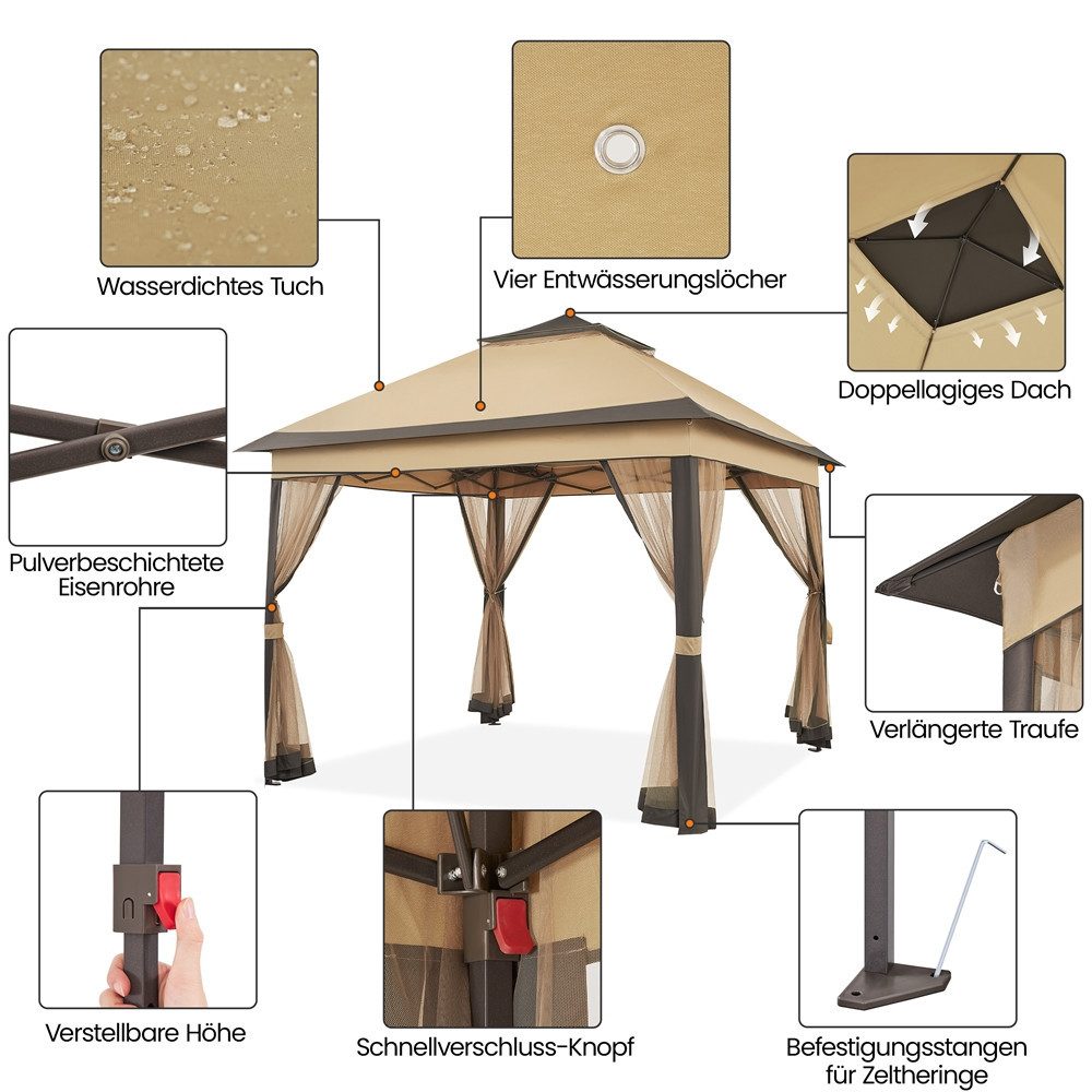 Yaheetech Faltpavillon Höhenverstellbarer Gartenpavillon mit Dach 3,3x3,3 m/ 4x4m, mit 4 Seitenteilen, Zelt mit Moskitonetz & Doppeldach & Tragetasche – Bild 4 von 5