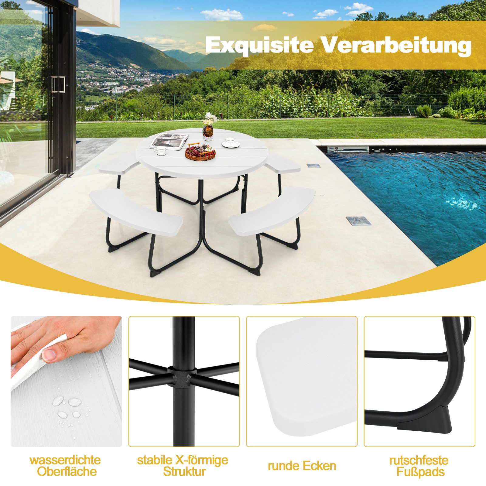 COSTWAY Gartentisch, Sitzgarnitur, Picknicktisch mit Schirmloch HDPE