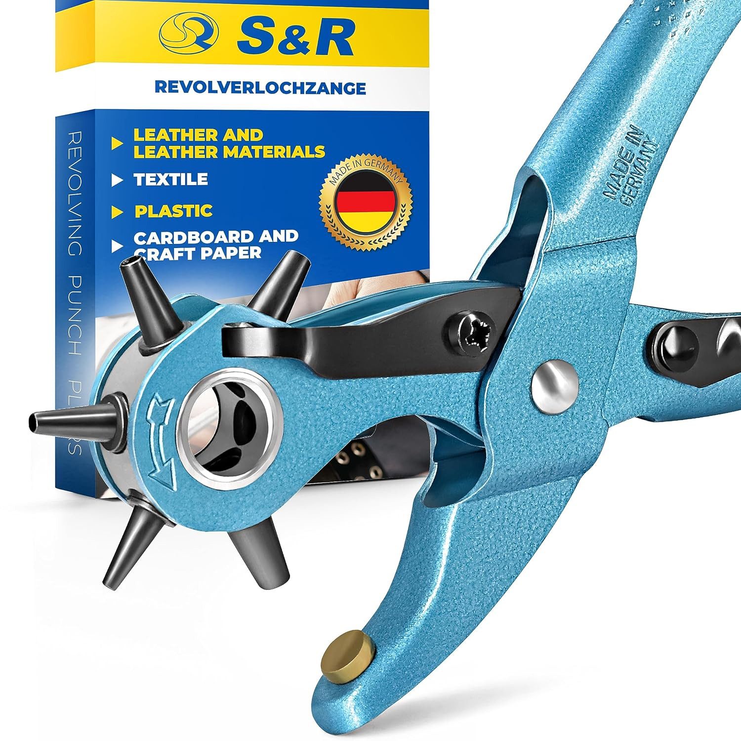 S&R Revolverlochzange MADE IN GERMANY, Gürtel-Lochzange / Leder-Locher, 1-tlg., Lochpfeifen in den Größen 2/2,5/3/3,5/4/4,5 mm, für Uhrenarmbänder, Gurte, Karton, Stoff