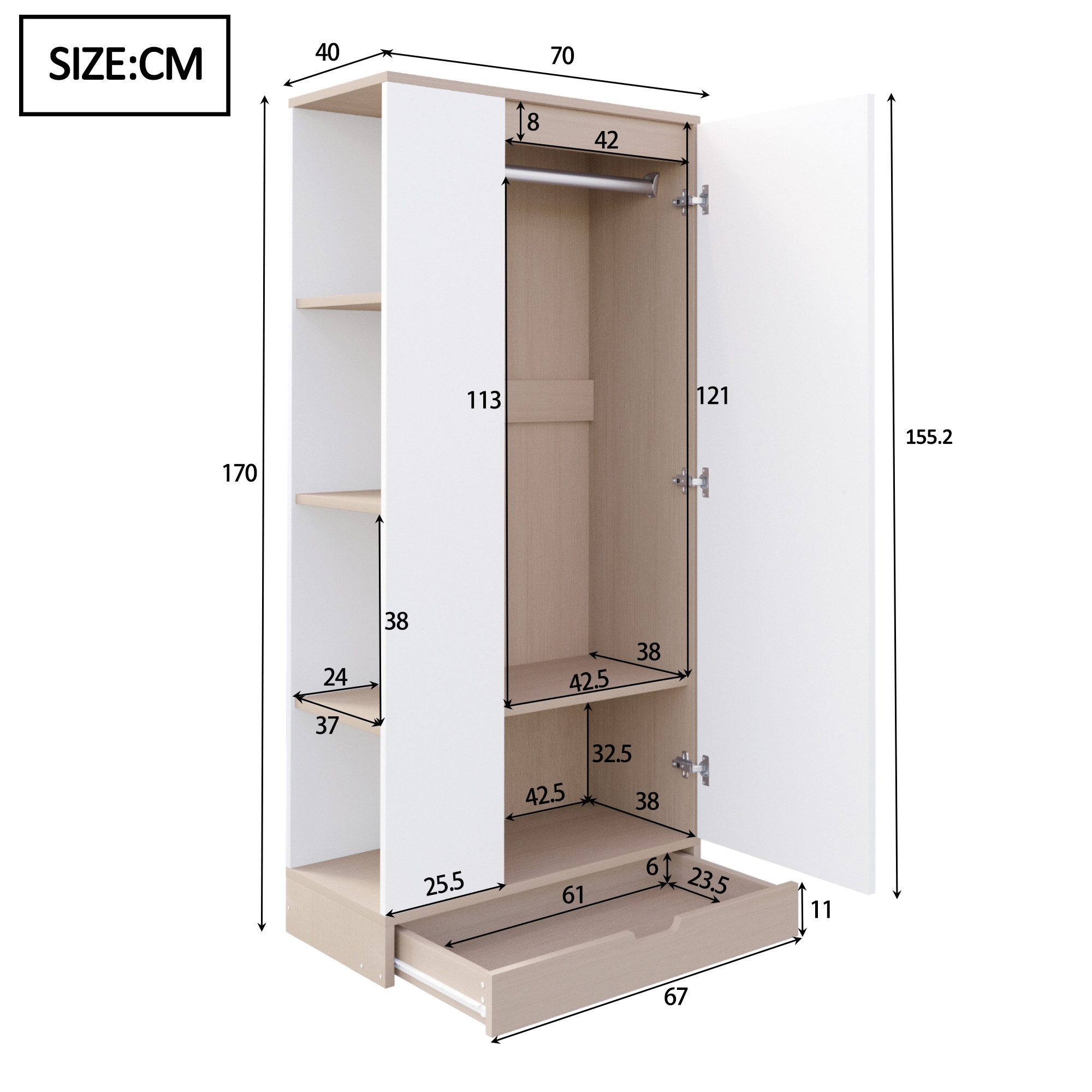 Flieks Kleiderschrank Eintür-Design Kleiderschrank 70x40x170cm mit Einlegeboden & Schublade – Bild 5 von 5
