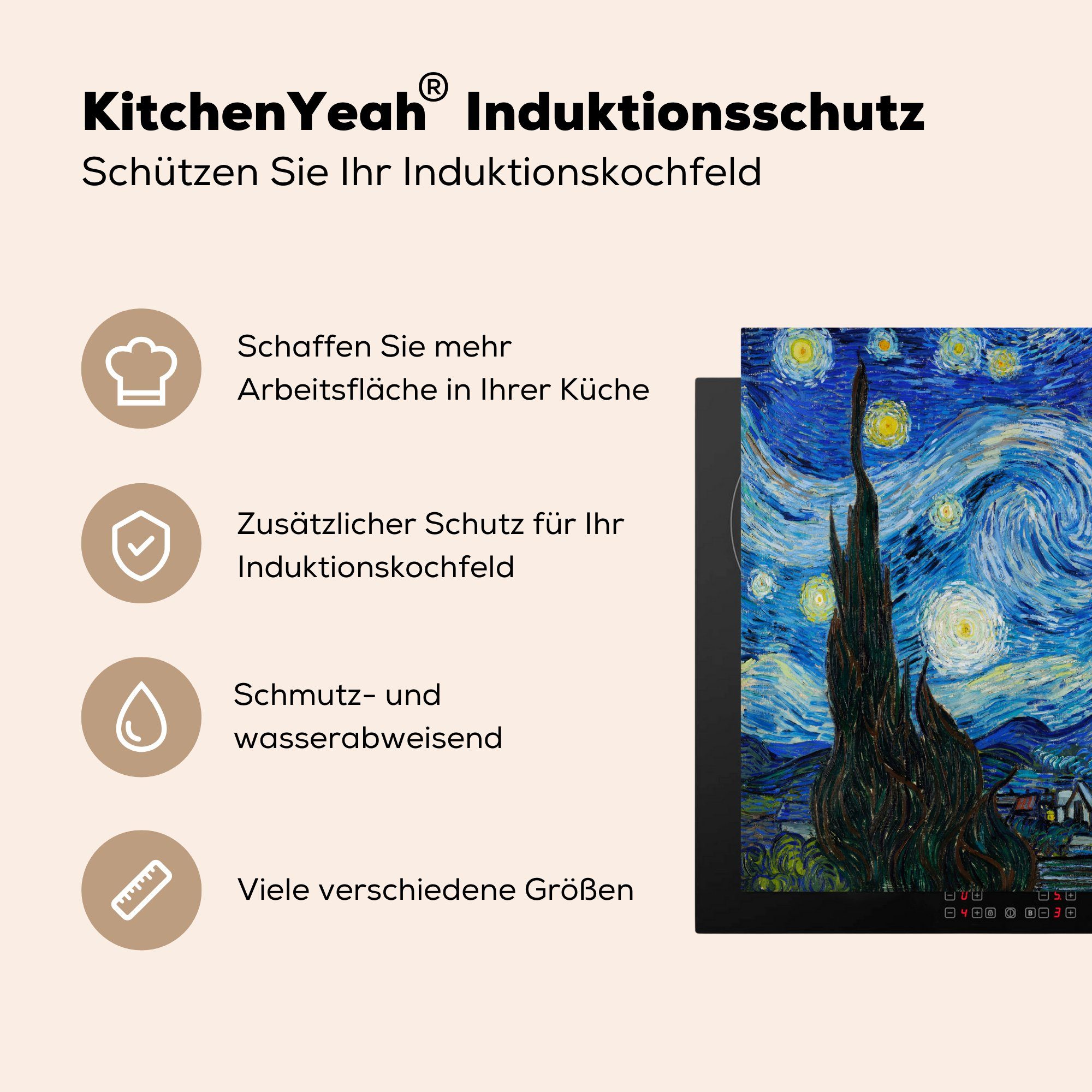 die für van Gogh, (1 Vinyl, küche, sternenklare cm, Die Induktionsmatte - Nacht MuchoWow Vincent tlg), Herdblende-/Abdeckplatte 59x52 Ceranfeldabdeckung