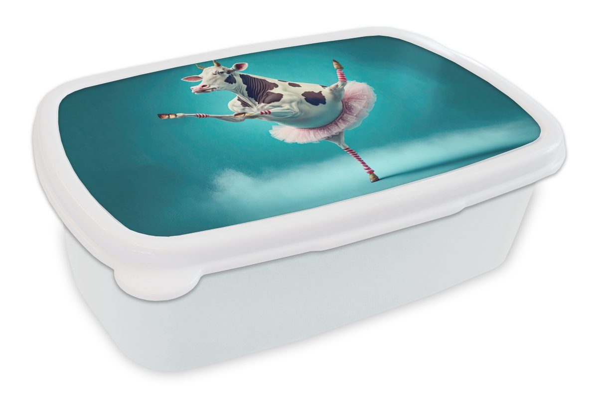 MuchoWow Lunchbox Kuh - Ballett - Porträt - Blau - Tiere - Kind, Kunststoff, (2-tlg), Brotbox für Kinder und Erwachsene, Brotdose, für Jungs und Mädchen weiß