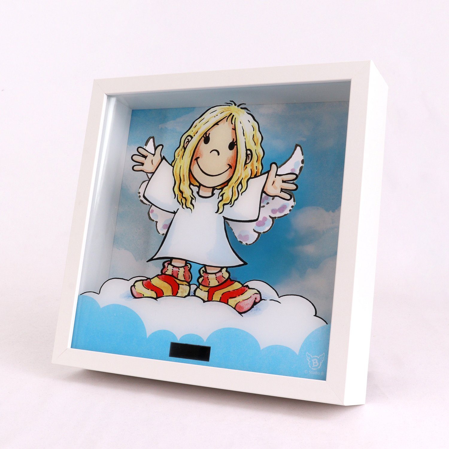 queence Bild mit Rahmen 3D Bild mit Wackelflügeln - Solarbetrieben-Engel-Flügel bewegen sich, Schutzengel (1 St), 27x27x5 cm - Geschenk - Taufe - Geburt - Flügel bewegen sich