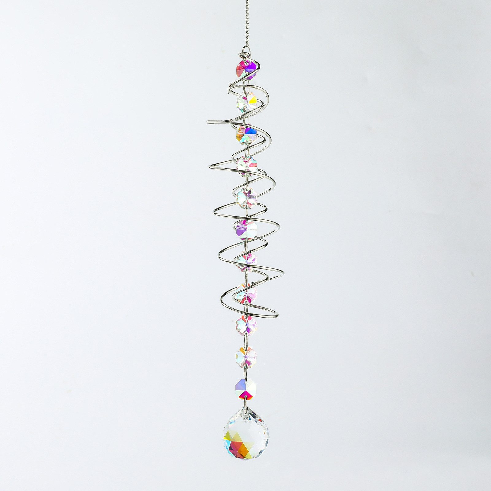 MOPUEA Windspiel 3D Windspiel aus Edelstahl Kristall Sonnenfänger mit Spiralschwanz (3D-Effekt Windspiel für Fenster Garten Balkon, mit Spiraleffekt, 1 St), Regenbogen Deko Hängend Innen Außen, 45 cm