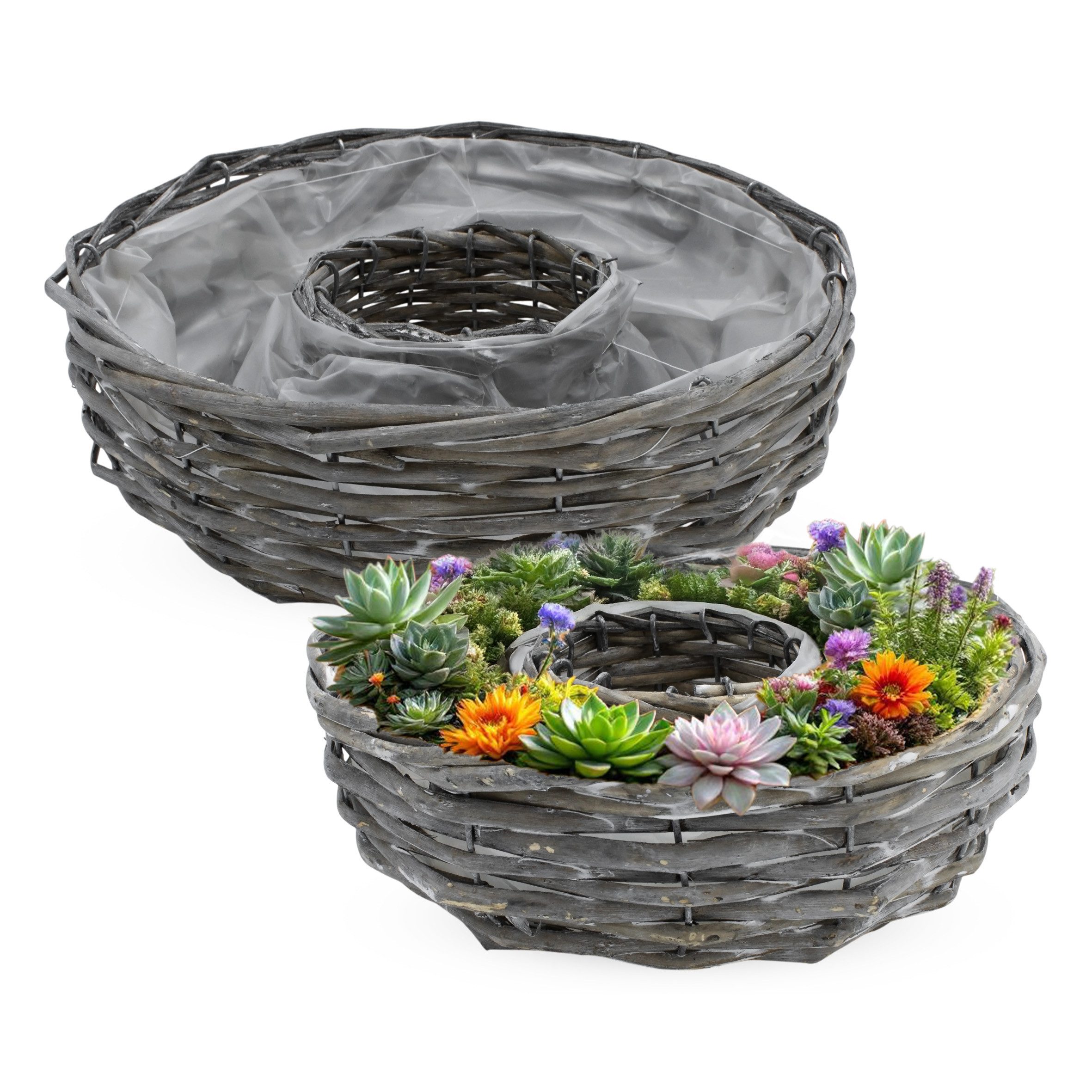 Spetebo Pflanzschale Rattan Pflanzring natur mit Folie 2er Set - 30 / 25 cm günstig online kaufen