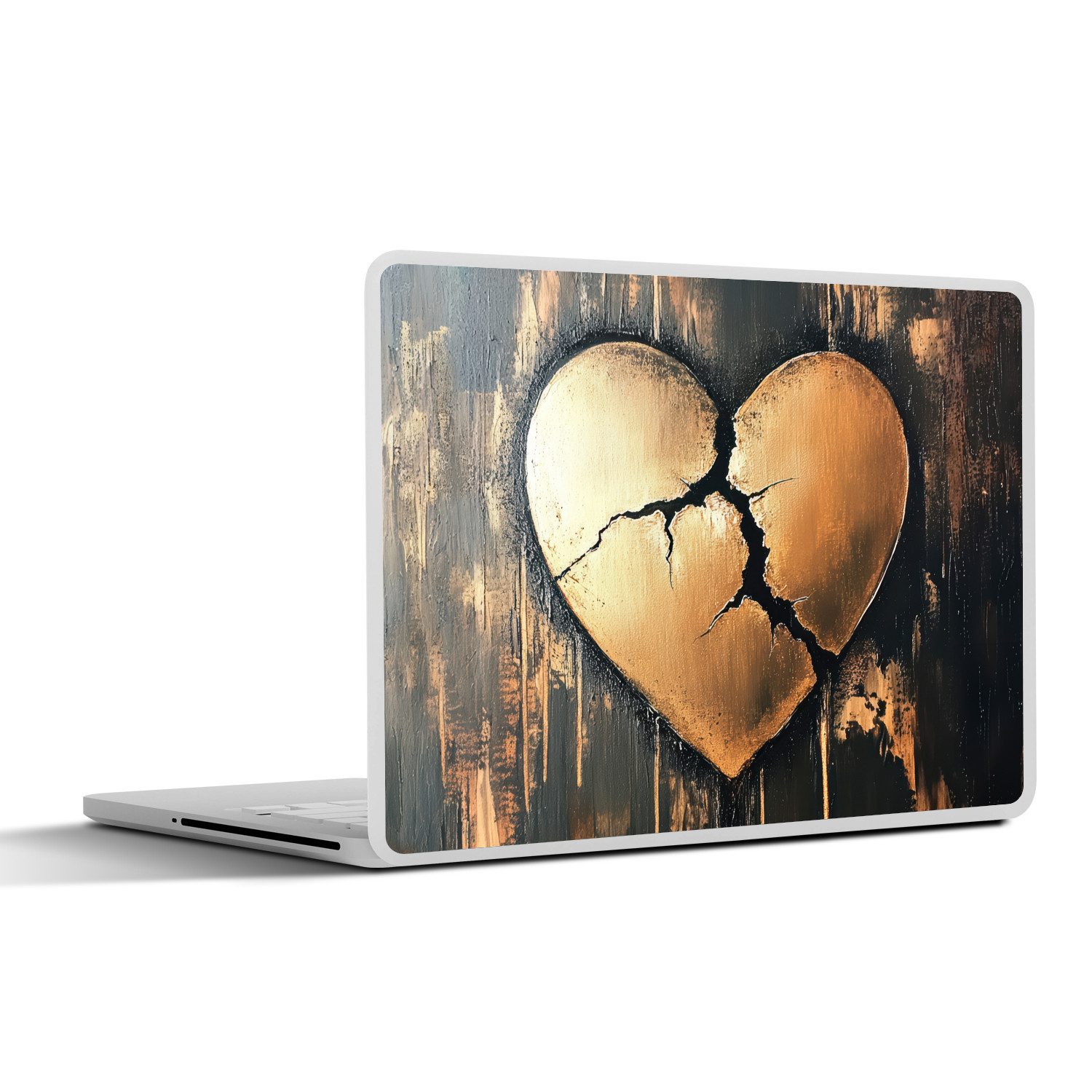 MuchoWow Laptop-Aufkleber Gebrochenes Herz - Gold - Holzoptik - Liebe, (1tlg), Laptop Folien Cover, Aufkleber, Sticker, Schutz vor Kratzern, 30x21 cm