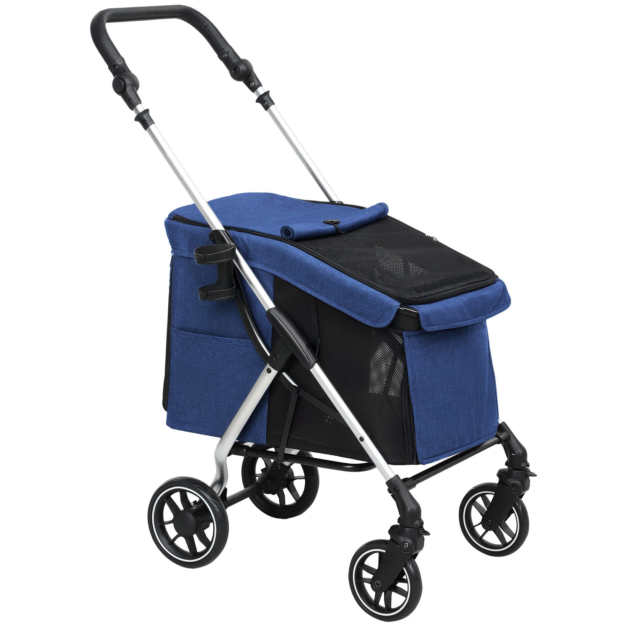 MC Star Hundebuggy Hundewagen leicht aus Aluminium klappbar für Hunde & Katzen bis 10 kg, (Katzenbuggy mit Kissen Netzfenstern Türen Aufbewahrungskorb Katzenwagen Buggy Dunkelblau)