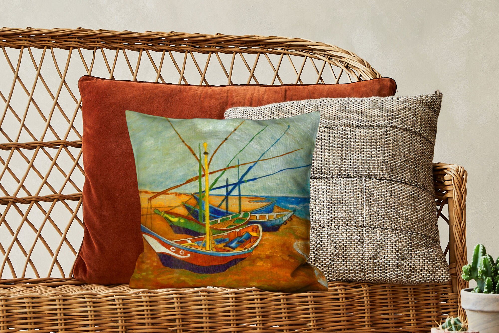 Schlafzimmer, für Füllung Dekokissen MuchoWow Strand van Sofakissen Vincent - Deko, mit Fischerboote Gogh, am Wohzimmer, Zierkissen
