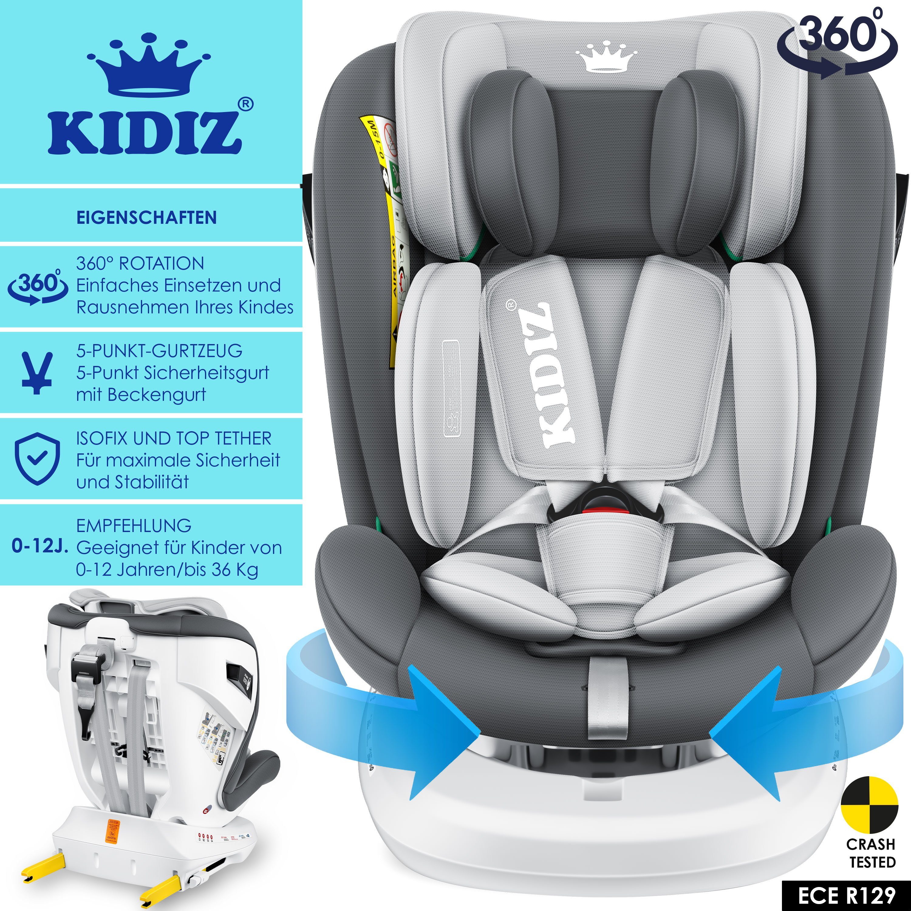 KIDIZ Autokindersitz, Kindersitz Baby Autositz Kinderautositz Isofix Top Tether 360