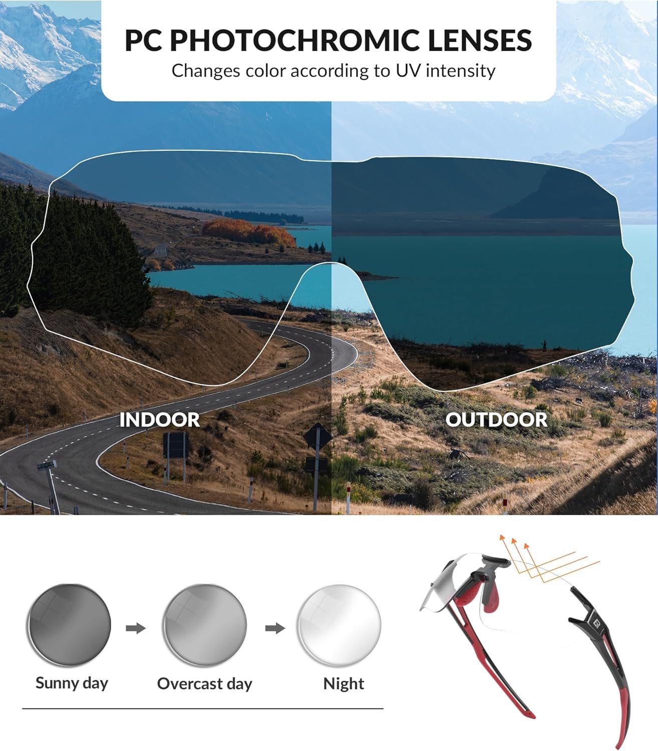 ROCKBROS Fahrradbrille Photochrome Fahrradbrille Damen Herren mit UV400 Schutz für Radsport