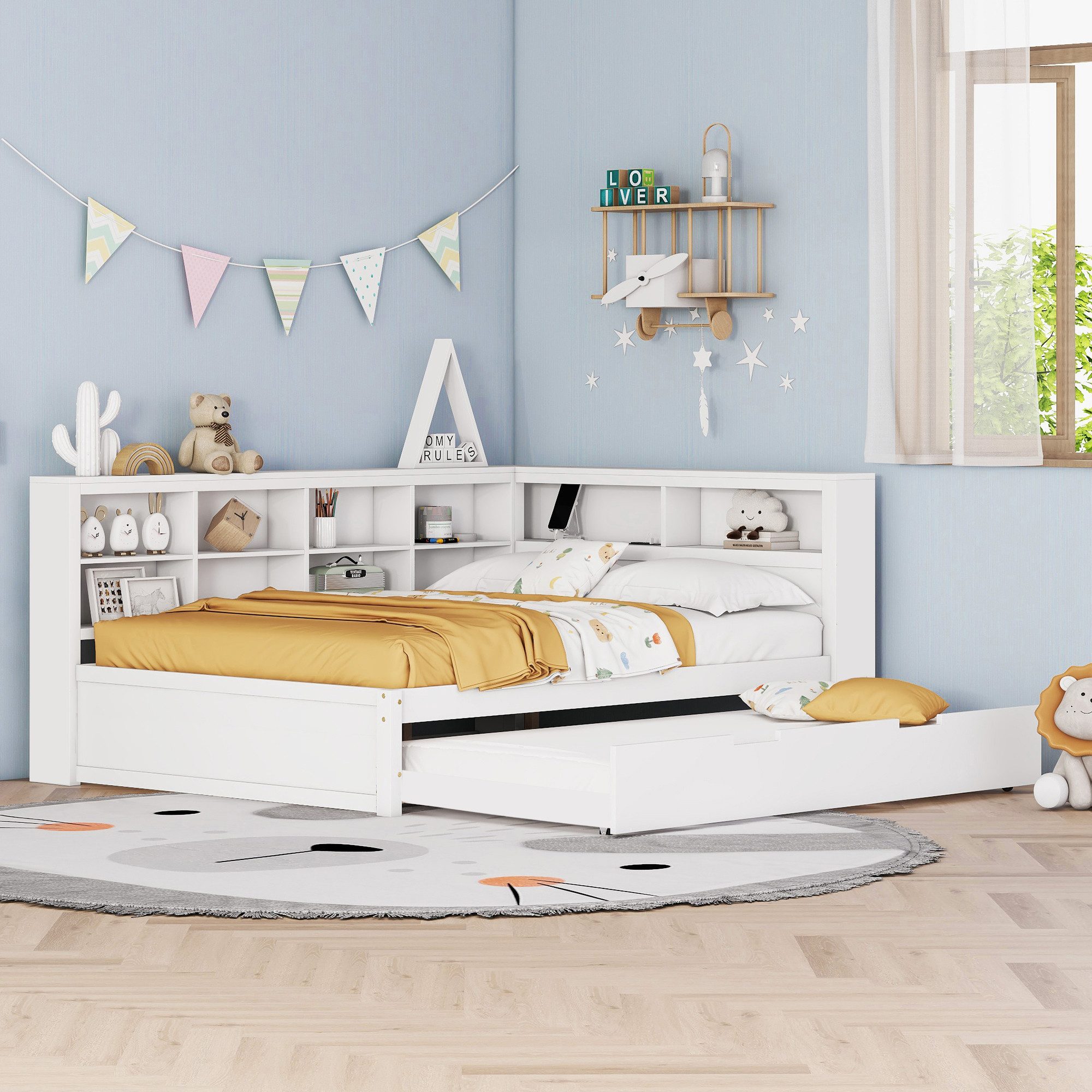 Flieks Massivholzbett, Doppelbett 140x200cm mit Stauraum, USB-Aufladen und Unterbett 90x190cm