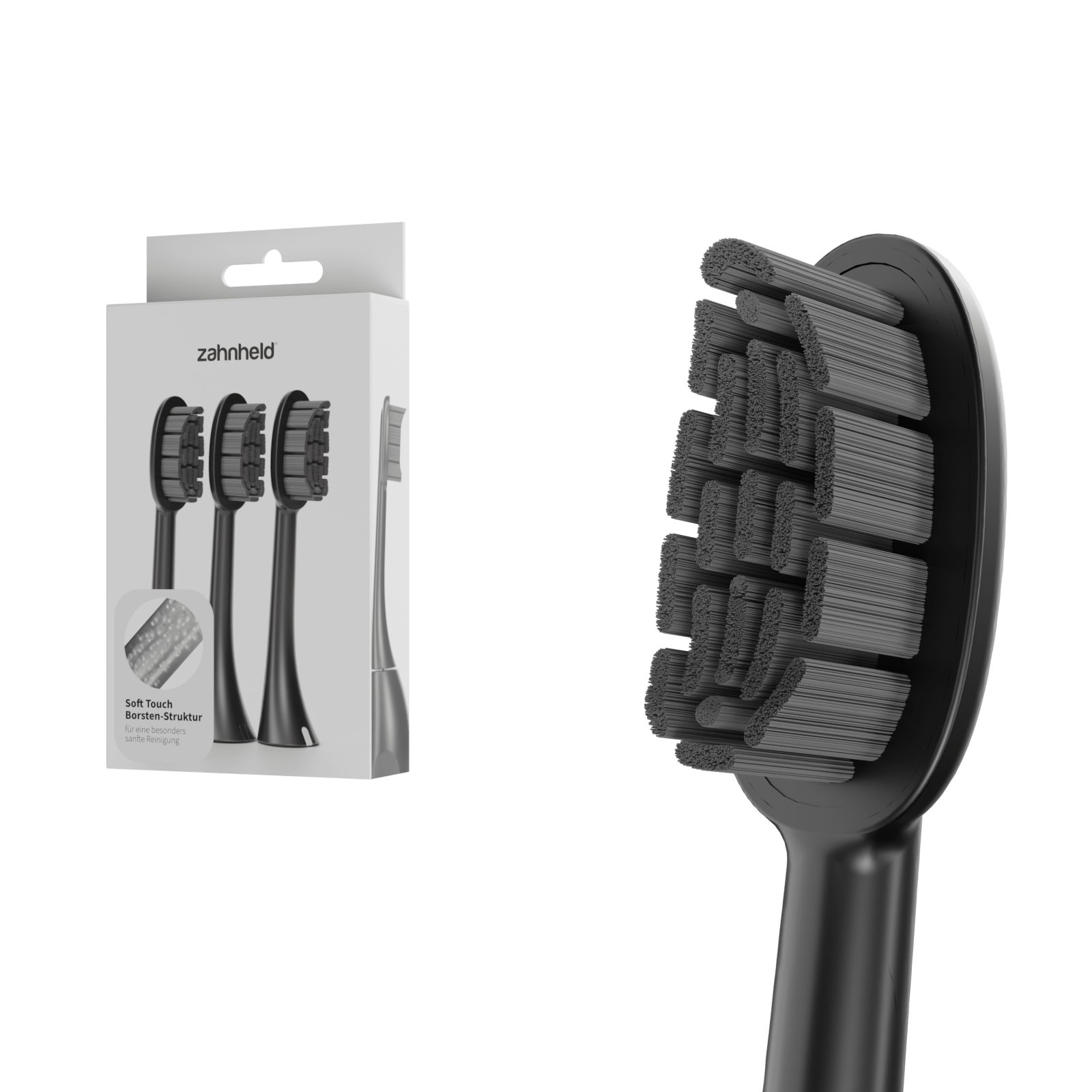 Zahnheld Aufsteckbürsten Ersatzbürsten Basic Soft - ideal für Schallzahnbürste Gero, im 3er, 6er oder 9er Set, Зубные щетки Set, sensibles Zahnfleisch & Zähne, plastikfrei verpackt, 3 Stück, schwarz