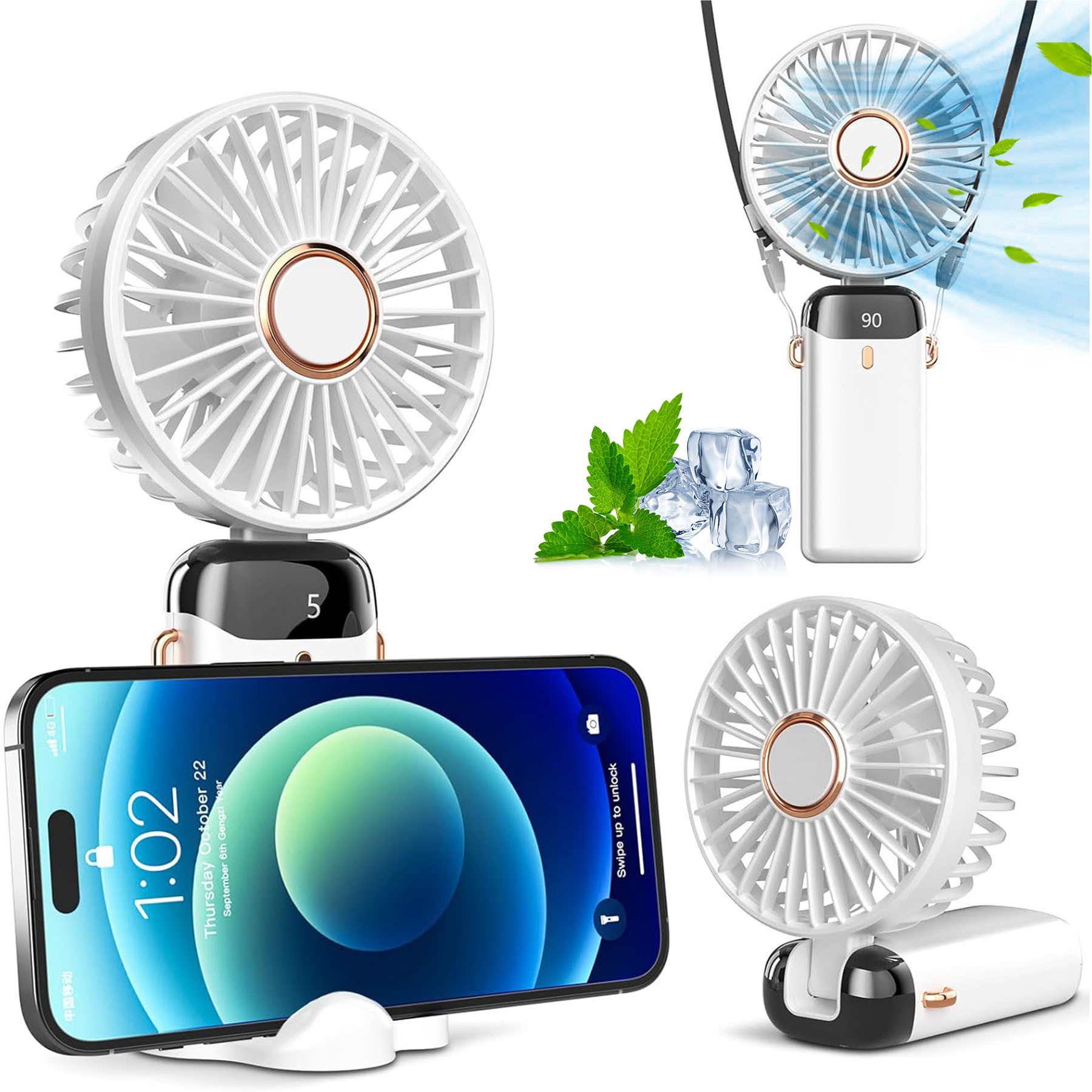 Senmudi Handventilator Tragbarer Mini-Ventilator,Mit 5 Geschwindigkeitsstufen,3-in-1 Faltbar, LED-Display,Wiederaufladbar,Mit Standfuß, Trageschlaufe und Ladekabel