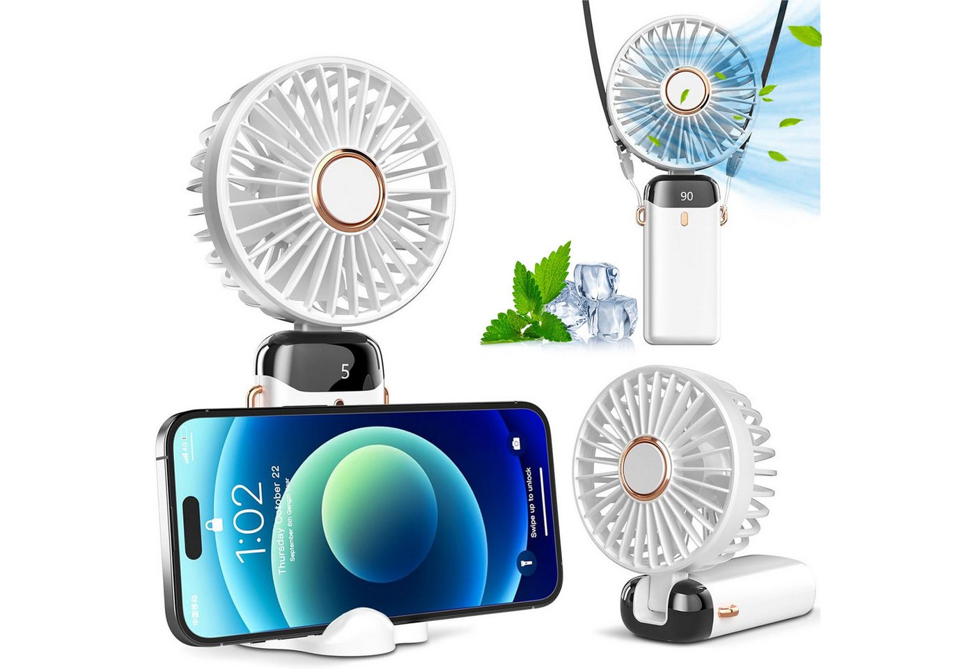 Senmudi Handventilator Tragbarer Mini-Ventilator,Mit 5 Geschwindigkeitsstufen,3-in-1 Faltbar, LED-Display,Wiederaufladbar,Mit Standfuß, Trageschlaufe und Ladekabel