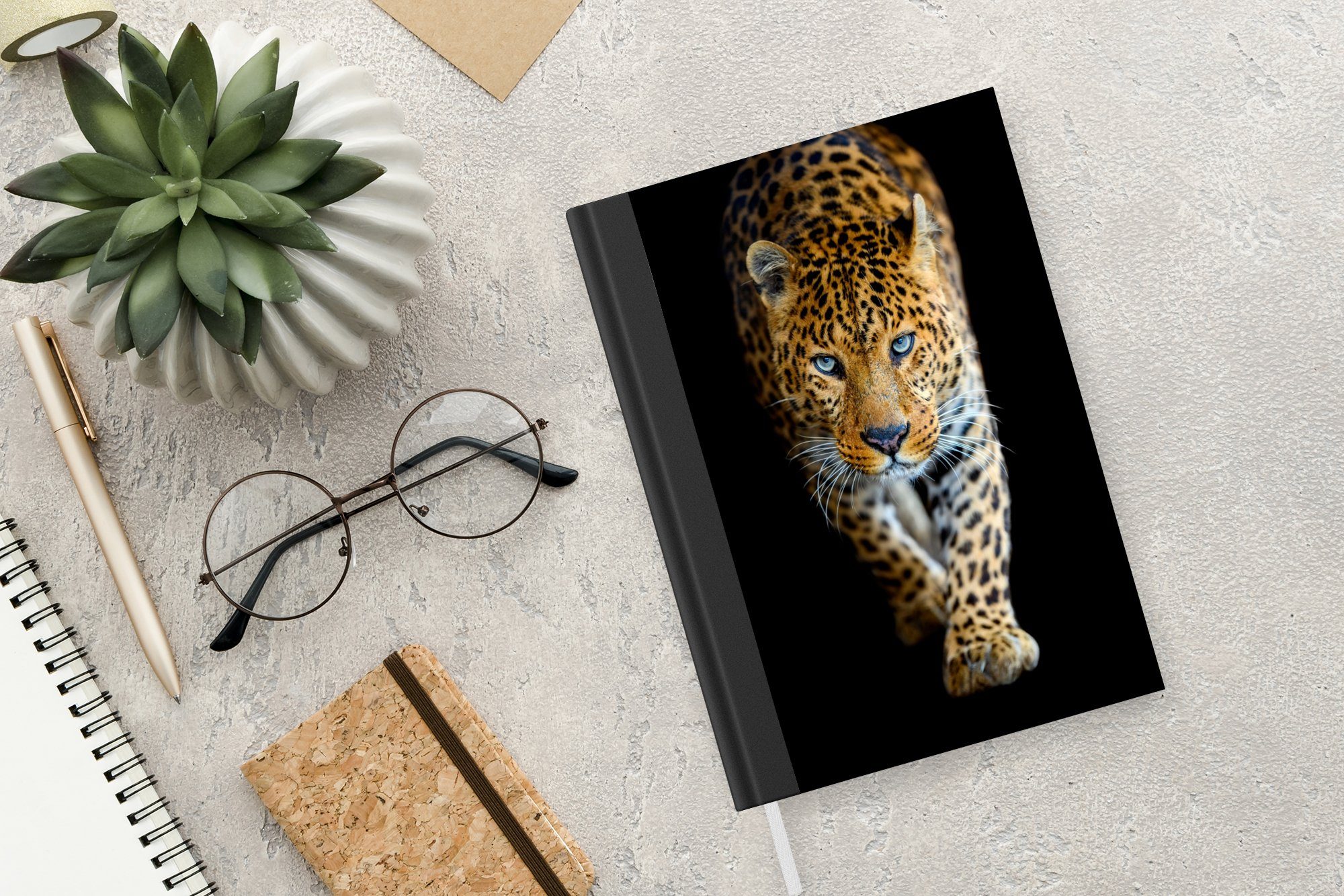 Leopard Merkzettel, Wildtiere - Notizbuch Journal, 98 Seiten, - - - Schwarz, A5, Haushaltsbuch Tiere Porträt MuchoWow Notizheft, Tagebuch,