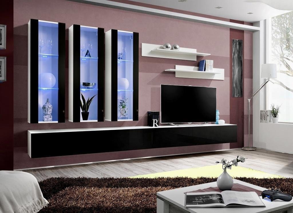 JVmoebel Wohnzimmer-Set Luxus Wohnwand Holzmöbel Wohnzimmer Wandregal Designer, (8-St., 1x Wohnwand + 2x TV Ständer + 3x Wandschrank + 2x Wandregal), Made in Europa
