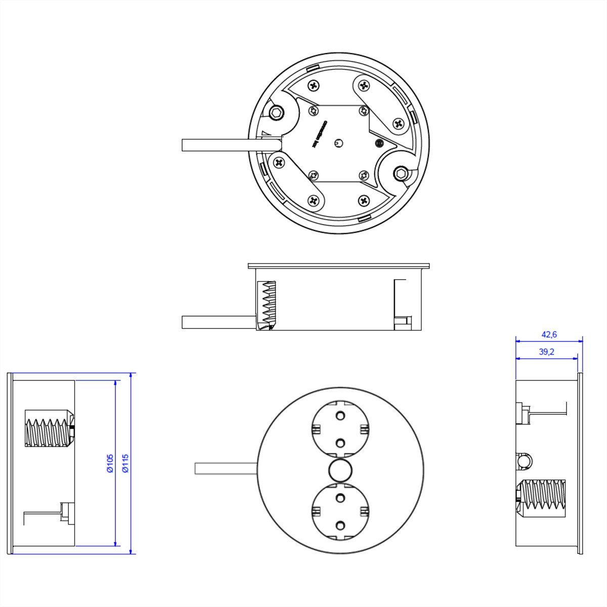 Bachmann TWIST 2x Schutzkontakt Einbau-Tischsteckdosenleiste (Kabellänge 2 m), Aderendhülsen, Schutzkontaktmontagestecker, 931.021