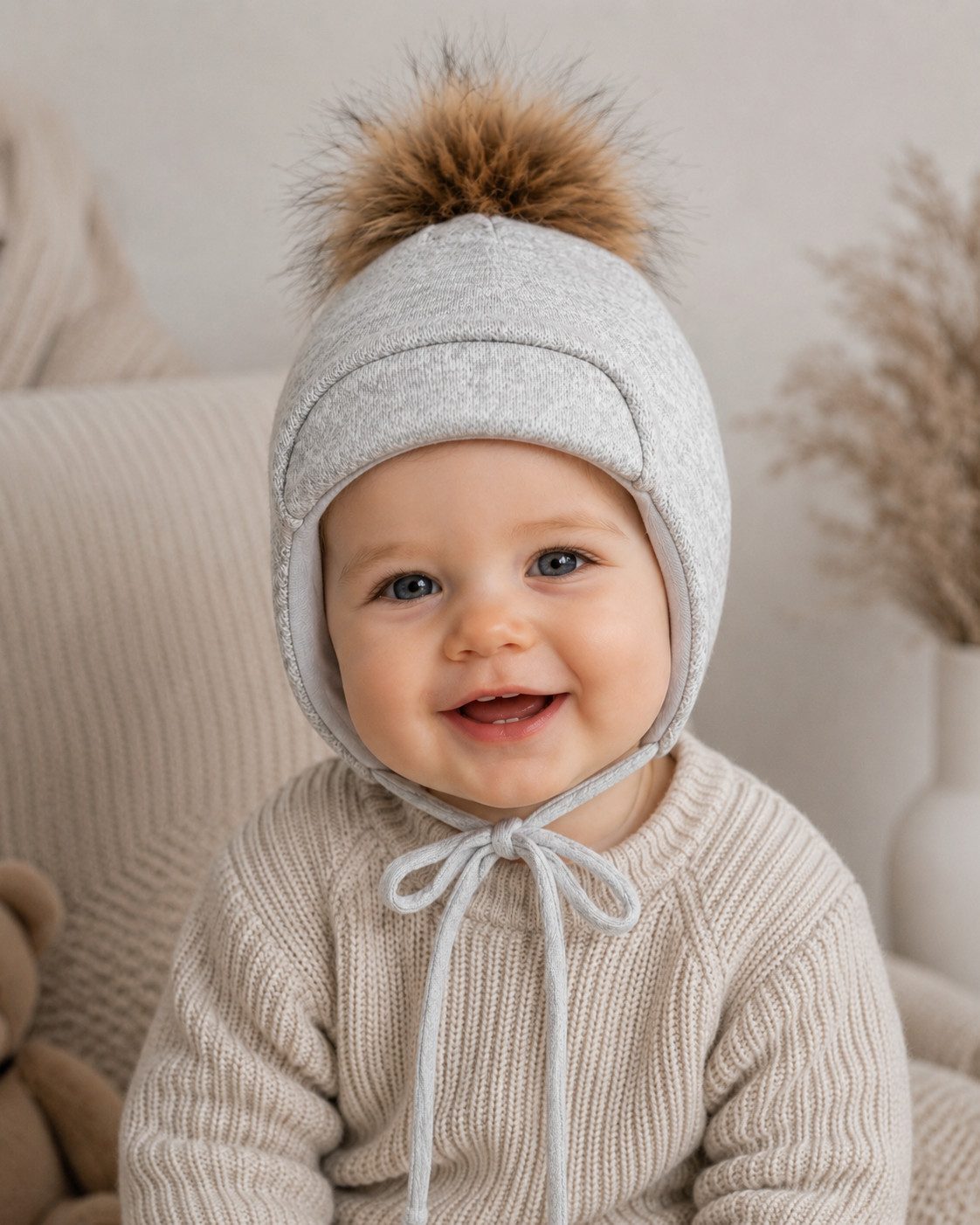 Smarilla Bommelmütze Wintermütze Baby & Kinder, Gefütterte Bindemütze mit Ohrenklappen mit Baumwolle gefüttert