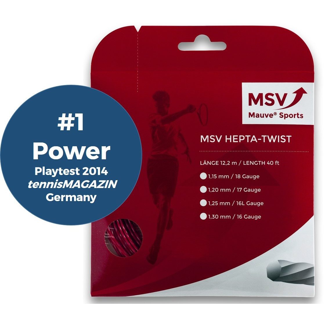 MSV Tennissaite Hepta Twist (Haltbarkeit+Spin) rot 12m Set, Saitendicke: 1.30