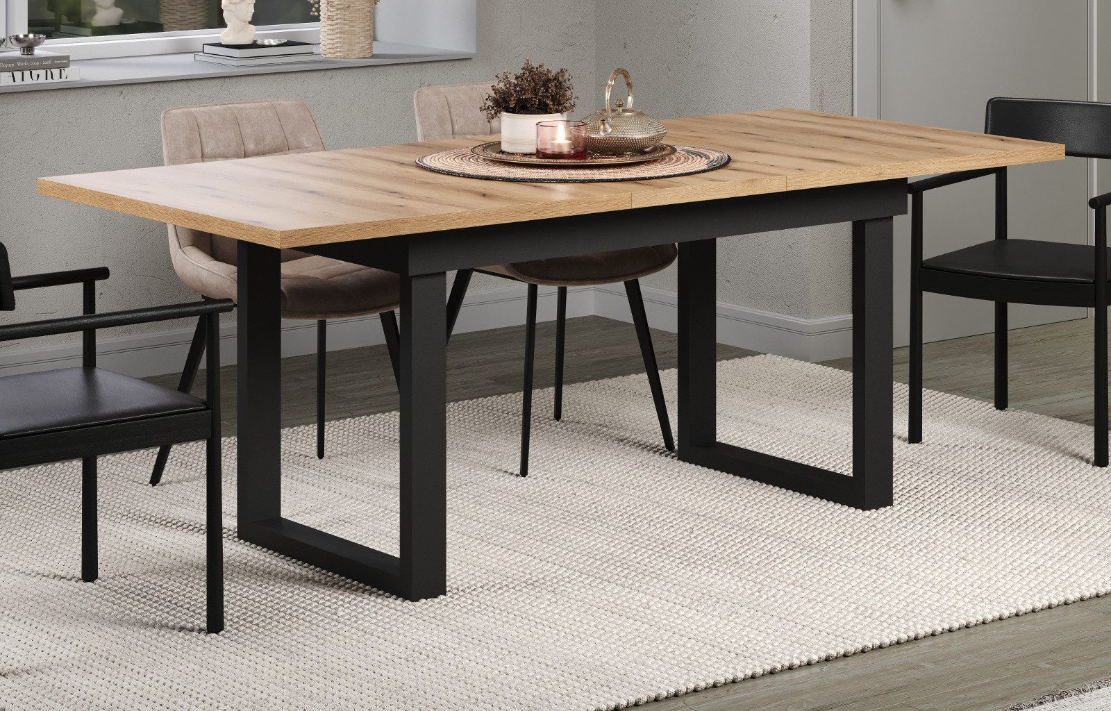 Furn.Design Esstisch Syncro (in Evoke Eiche, ausziehbar 160 - 200 cm), mit Synchronauszug und Metallgestell