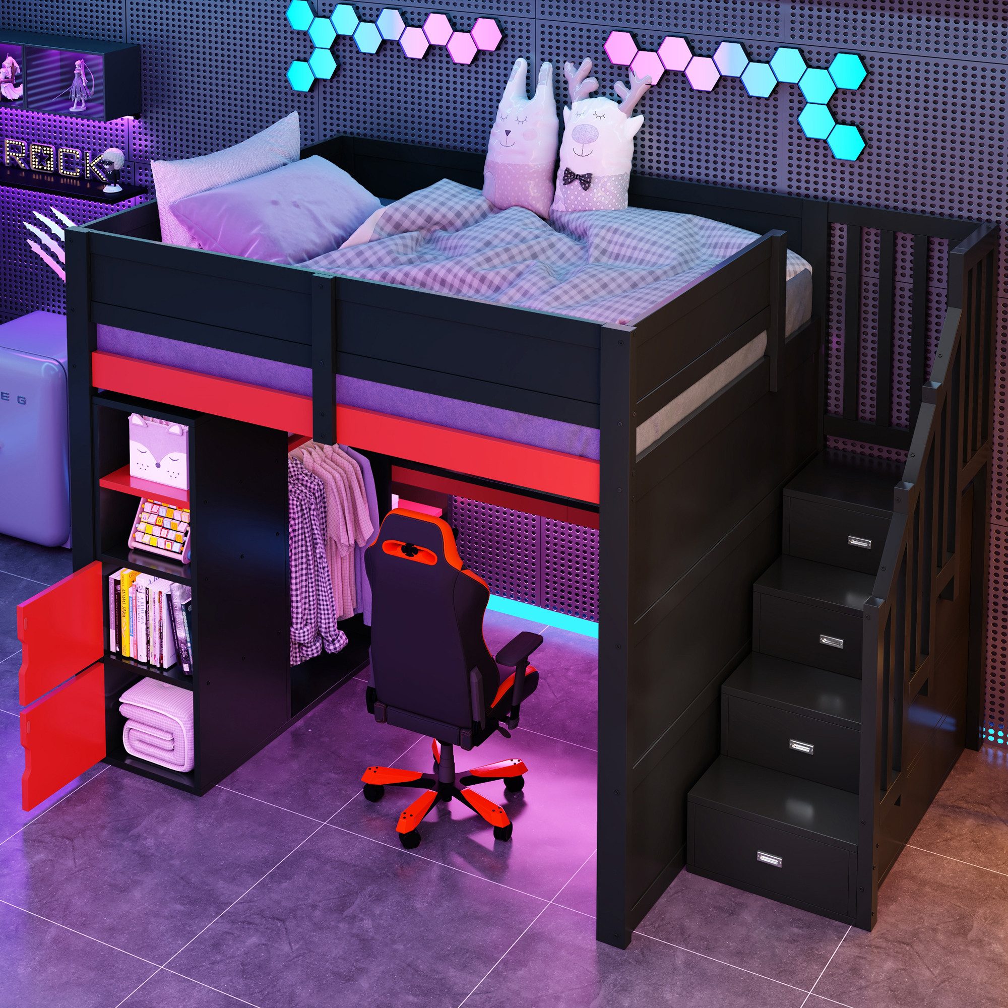MODFU Hochbett für Jugendliche, Gaming-Zimmer (mit Schreibtisch, LED-Beleuchtung, Stauraum-Treppe, Schwarz + Rot, mit USB-Ladeanschluss und Platz für Spielzeug und Bücher, 1-St., 252.5 x 145 x 170)