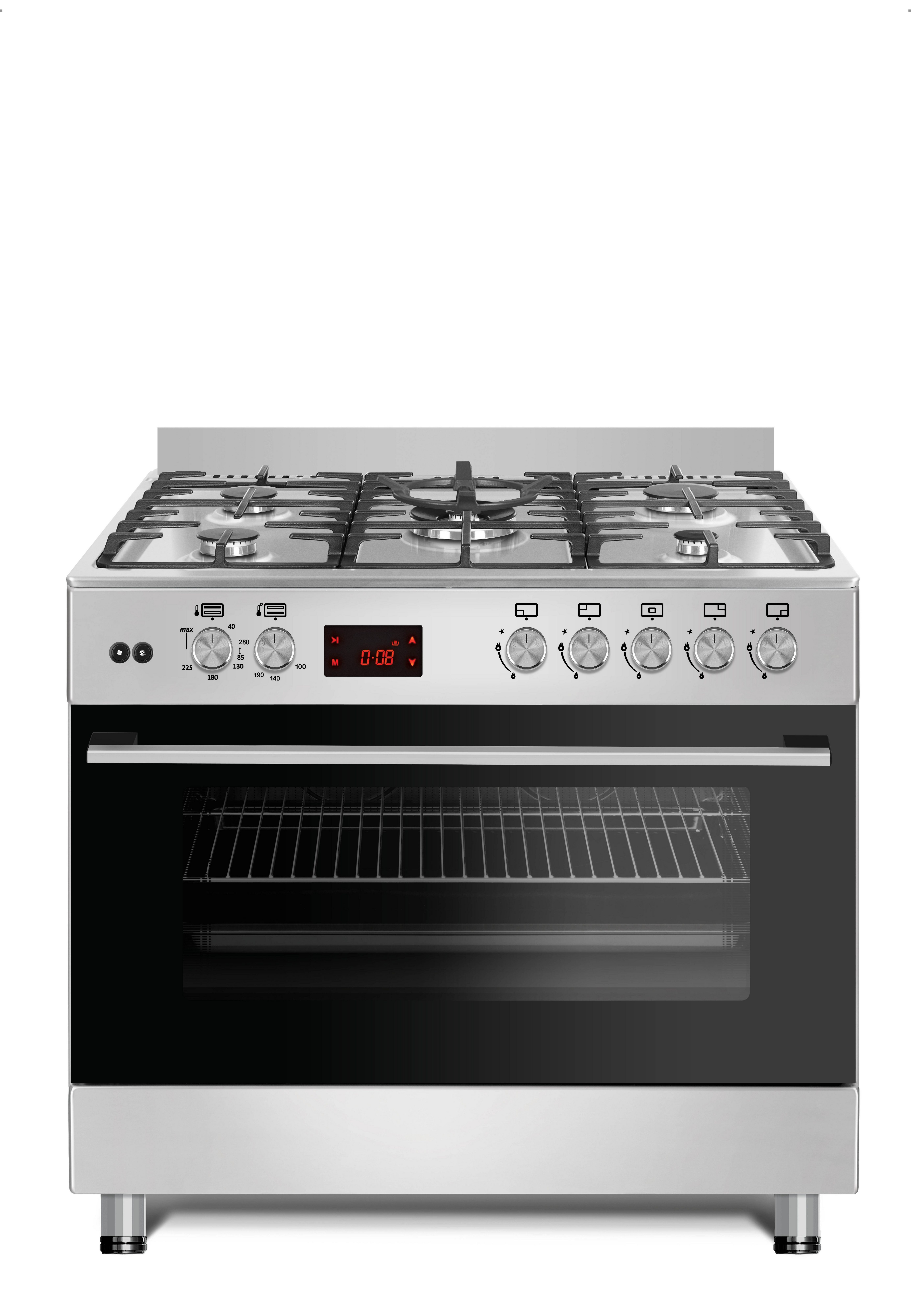 Gasline Gas-Standherd mit Elektro-Gas Backofen, Elektro Oberhitze + Gas Unterhitze, GAG90PINEX, mit 1-fach-Teleskopauszug, Vollzündsicherung, 90 cm breit mit WOK Brenner und Drehspieß Erdgas/Propangas
