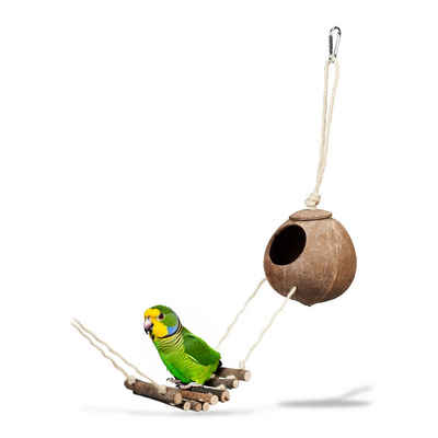relaxdays Vogelspielplatz Vogelspielzeug Kokosnuss mit Holzleiter