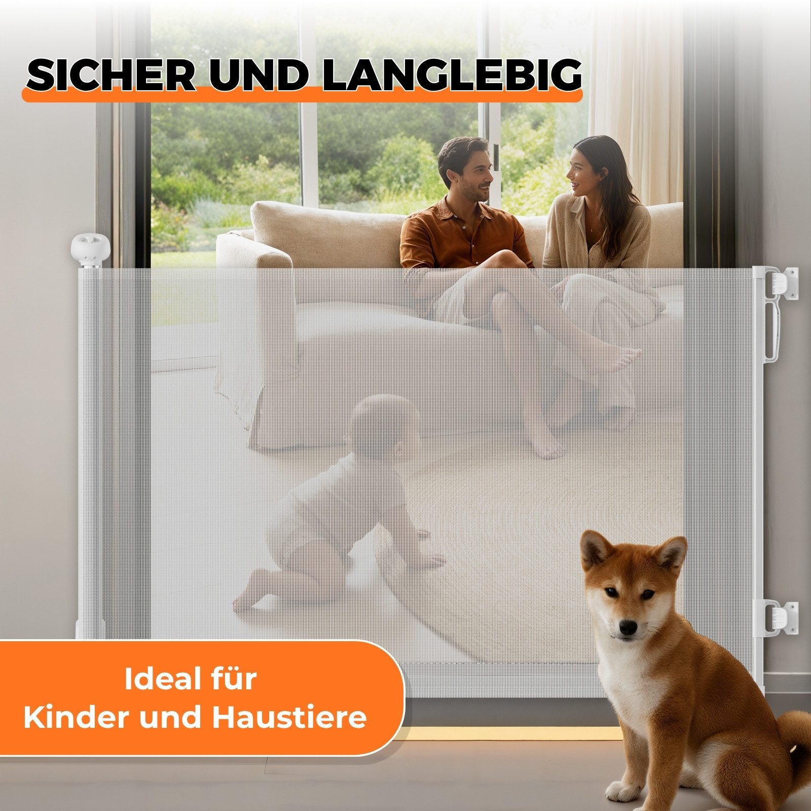 Allyson Treppenschutzgitter Türschutzgitter Ausziehbar, Tür & Treppengitter für Kinder & Haustiere (Inklusive Befestigungsmaterial für zwei unterschiedliche Positionen), Platzsparend ausziehbar bis 140cm, robustes PVC-Netz für Kind & Hund