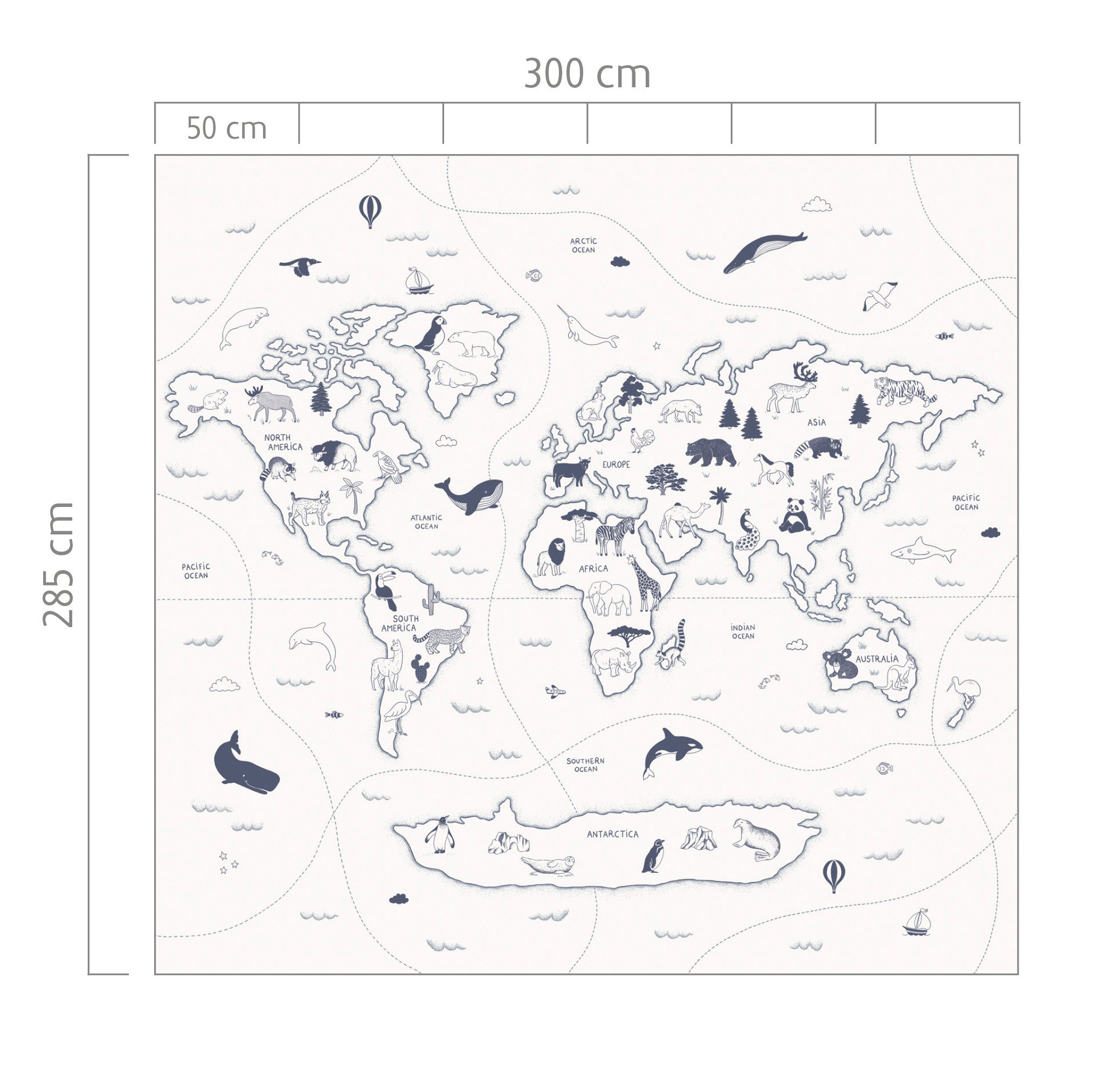 Rasch Fototapete Weltkarte Kinderzimmer Animal World, Roomblush - 2,85m x 3,00m, glatt, Weltkarte, (1 St), Kinderzimmer