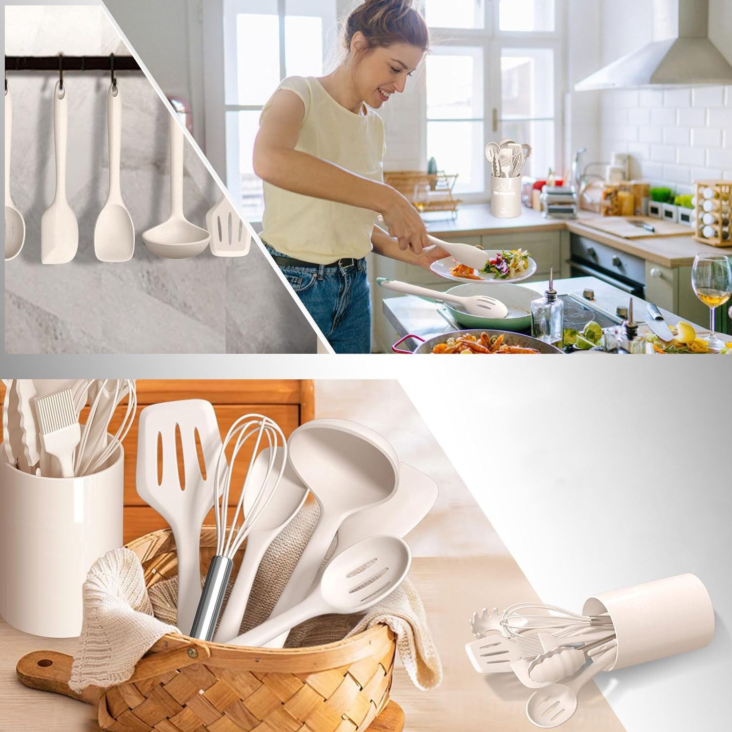 OKWISH Kochbesteck-Set 12er Küchenhelfer Set Kochgeschirr Küchenutensilien (Gesund Silikon Kochset Antihaft Hitzebeständig mit Utensilienhalter, 12-tlg., Silikonspatel, Utensilien-Set, Kochutensilien, Silikon, einteilig), Kochzubehör für kochen und backen usw