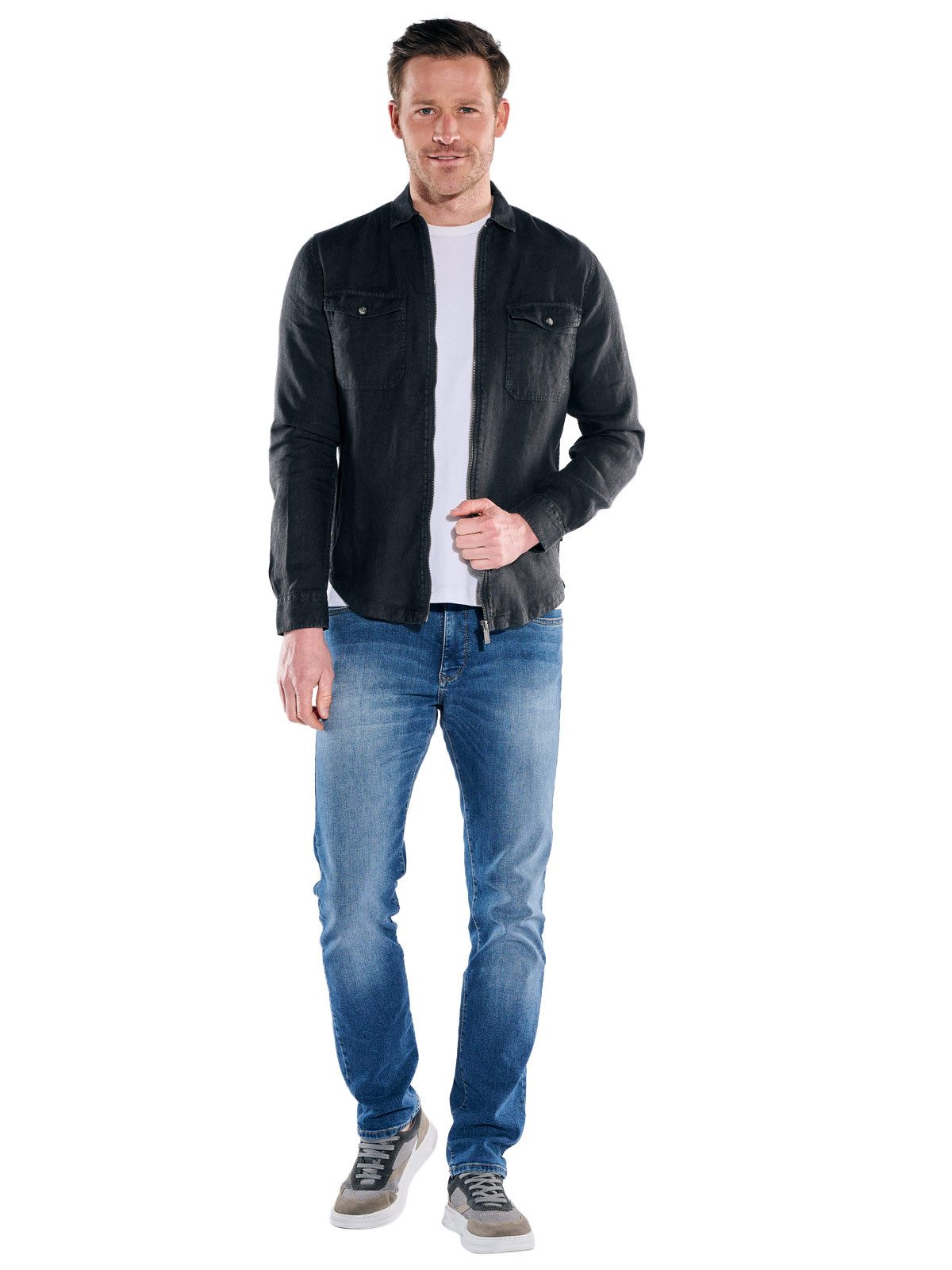 Engbers Langarmhemd Herren Leinen Overshirt mit Zipper, Saphirblau