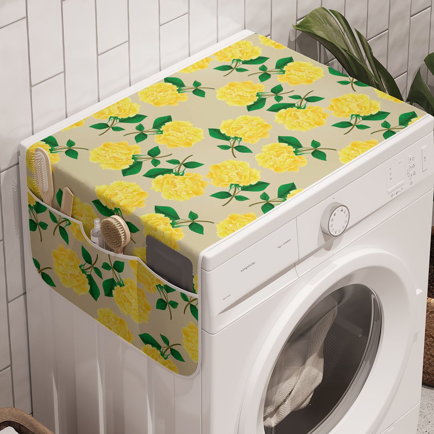 Abakuhaus Badorganizer Anti-Rutsch-Stoffabdeckung für Waschmaschine und Trockner, Blumen Yellow Gewürznelken mit Niederlassungen