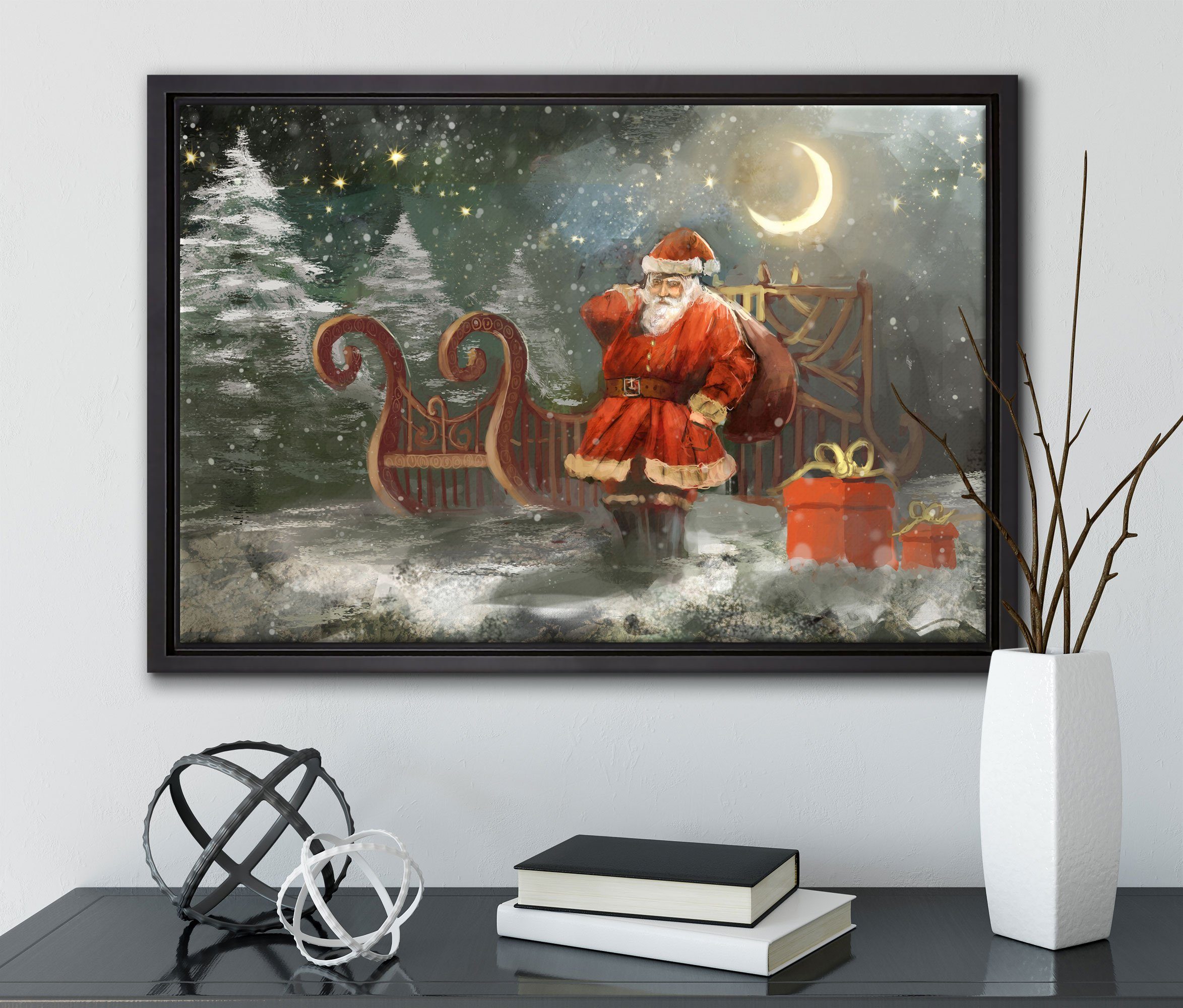 St), gefasst, fertig Wanddekoration in Leinwandbild bespannt, mit Zackenaufhänger Weihnachtsmann Geschenken, inkl. Schattenfugen-Bilderrahmen Leinwandbild einem Pixxprint (1