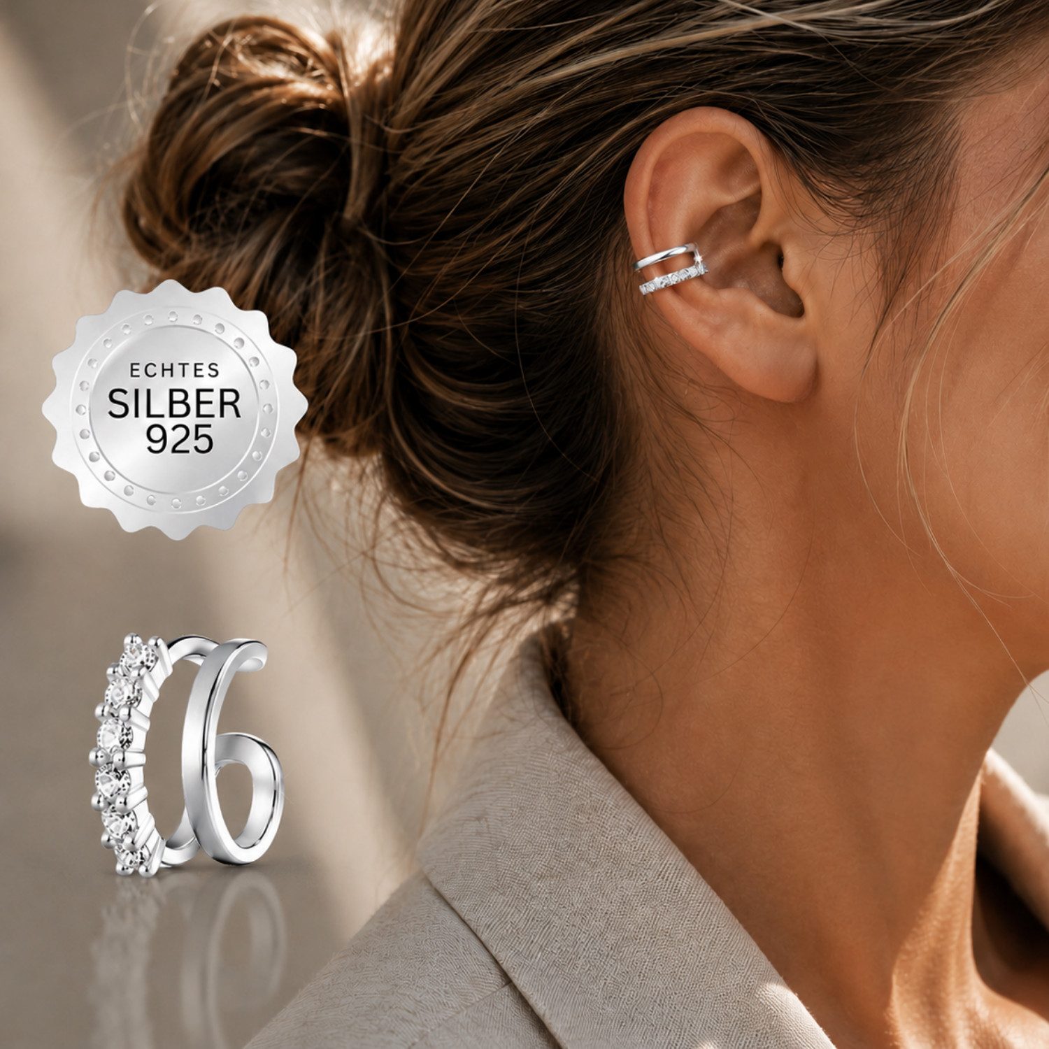 XCOAST Ohrring-Set Secret Spark Ear Cuff 925 Silber – Minimalistisch mit Zirkonia (1-tlg., einzeln), kein Piercing erforderlich, verstellbarer Ear Cuff, hypoallergen