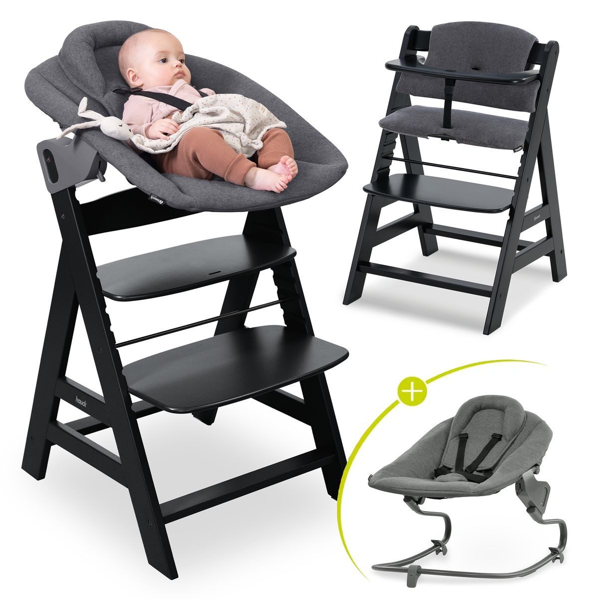 Hauck Hochstuhl Alpha Plus Black Newborn Set Premium (Set), Holz Babystuhl günstig online kaufen