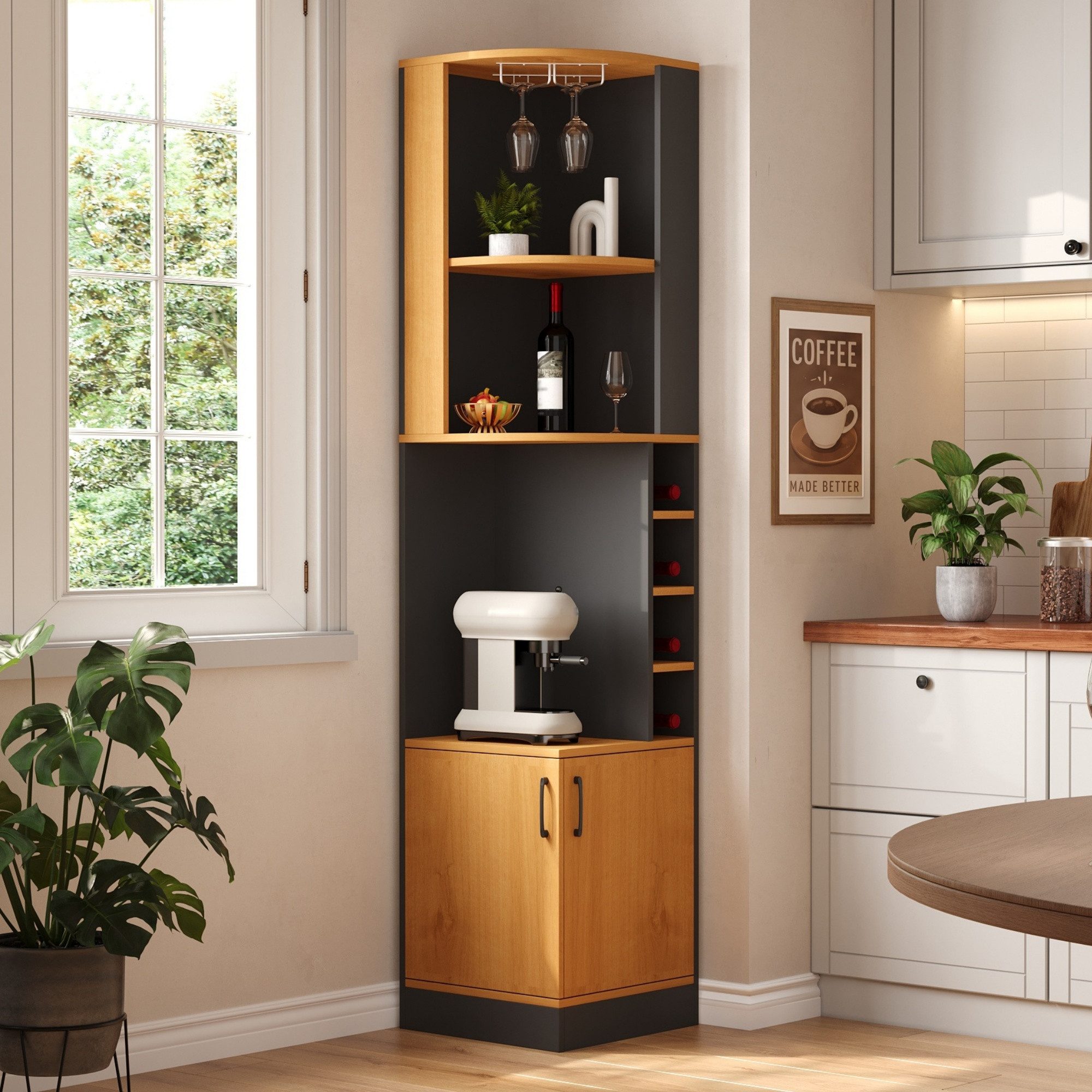 Flieks Eckschrank Hochschrank mit Weinglasregal, Gläserhalter, Ablagen und 2 Türen (40×40×182 cm, 1-St) Mehrzweckschrank Eckregal Küchenschrank Landhausstil Schwarz