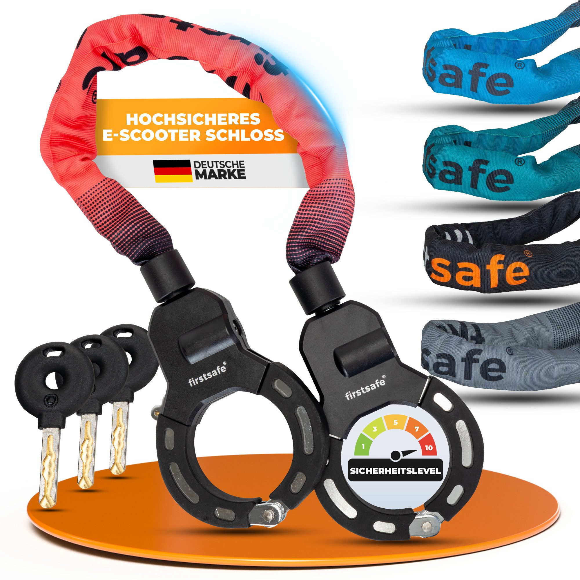 firstsafe Kettenschloss Handschellenschloss für E Scooter Schloss und Fahrrad 90 cm, 360° drehbar, Silikonbeschichtung, 8 mm Stahlkette