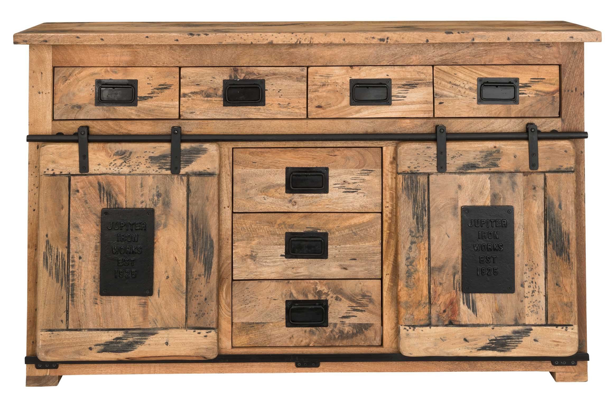 MR.DEKO Kommode Florenz Mangoholz Sideboard 150 x 45 x 90 cm (Einzend oder als Set - fertig montiert, Lieferung per Spedition), 7 Schubladen, 2 Schiebetüren, Metallrahmen, Wohnzimmer Schrank