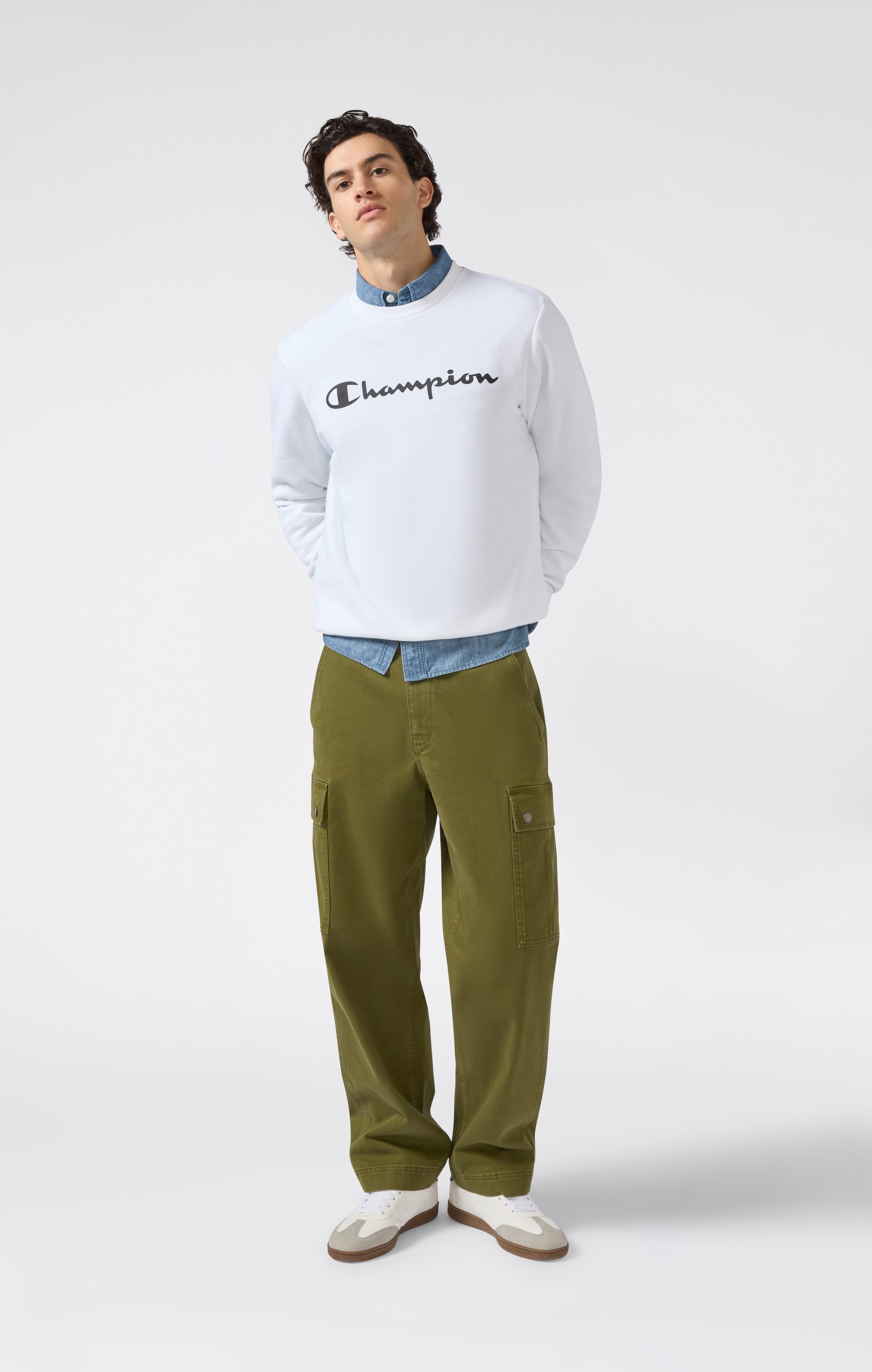 Champion Kapuzensweatshirt BASICS Fleece Crewneck Sweatshirt Large Logo mit Baumwolle und Polyester, Langarm-Ausführung, gerader Abschluss